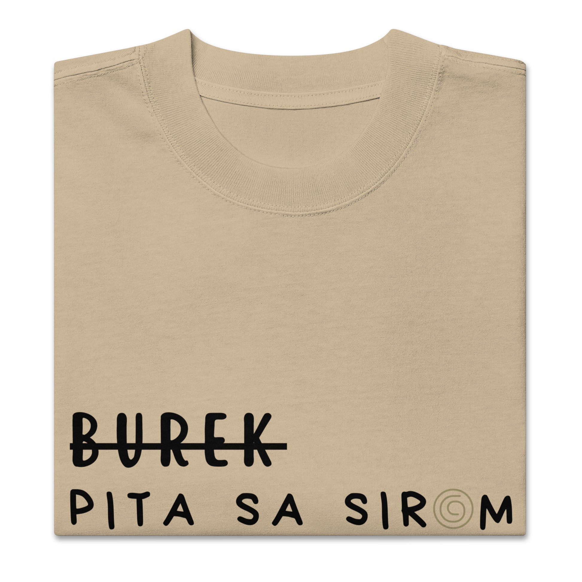 Unisex Oversized faded t-shirt - Burek - Pita sa sirom in khaki, front view, NASHE Balkan T-shirt