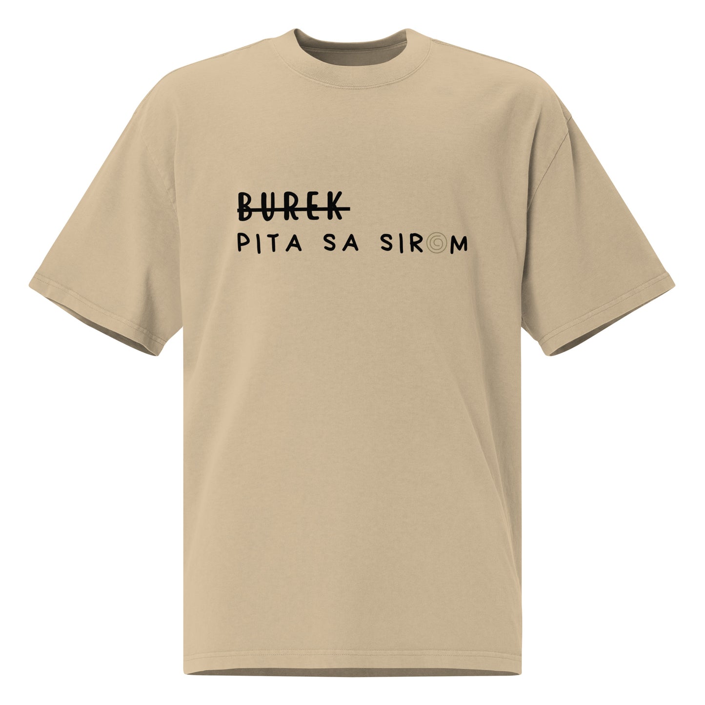 Unisex Oversized faded t-shirt - Burek - Pita sa sirom in khaki, front view, NASHE Balkan T-shirt