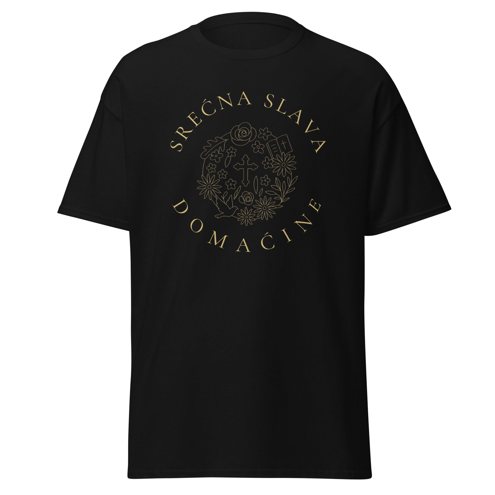 T-Shirt Men - Srećna Slava Domaćine in black, front view, NASHE Balkan T-shirt