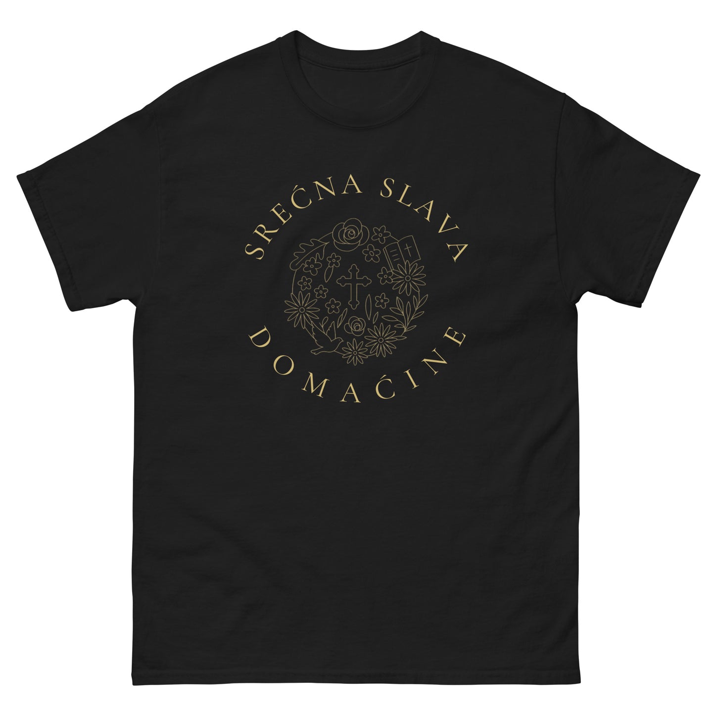 T-Shirt Men - Srećna Slava Domaćine in black, front view, NASHE Balkan T-shirt