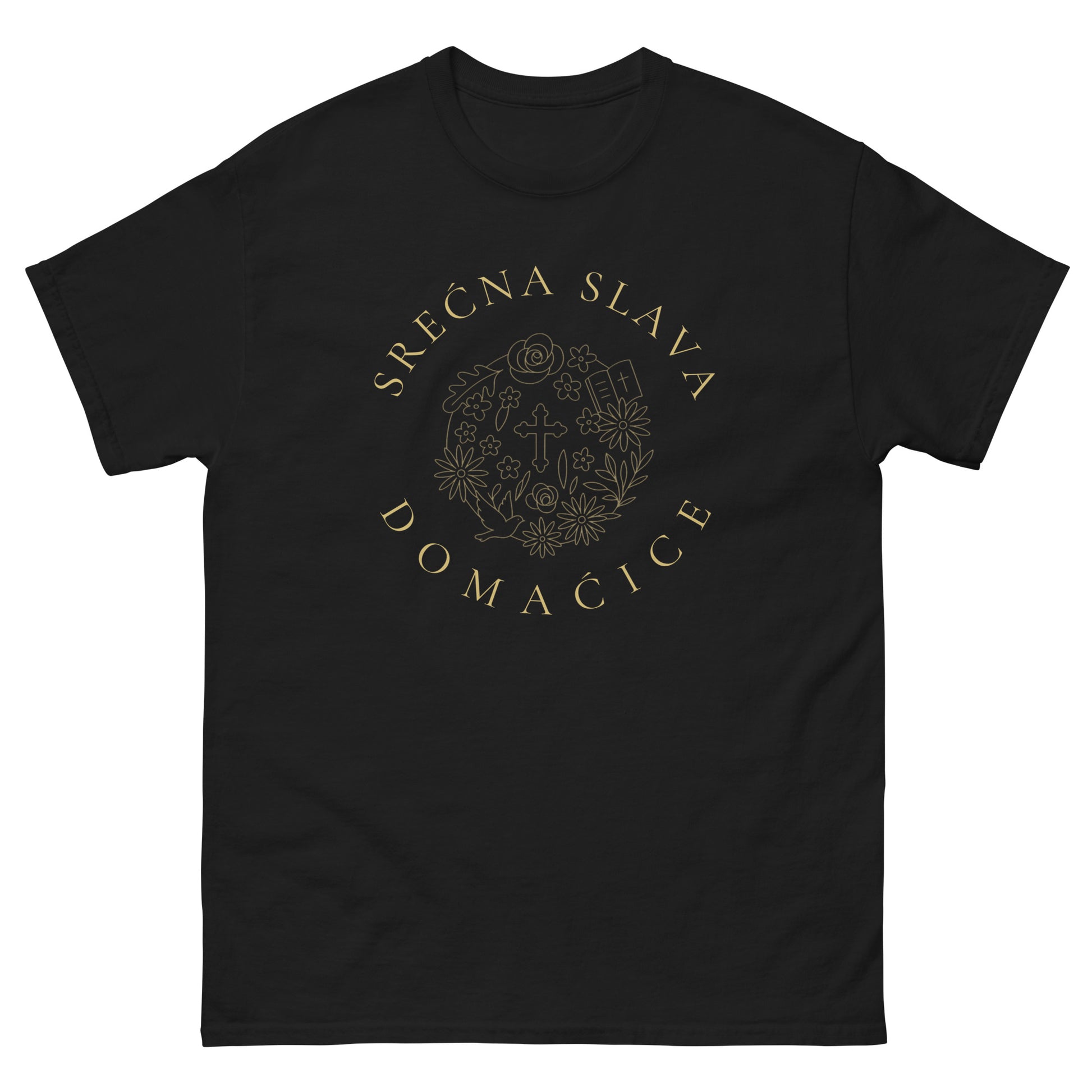 T-shirt Women - Srećna Slava Domaćice in black, front view, NASHE Balkan T-shirt