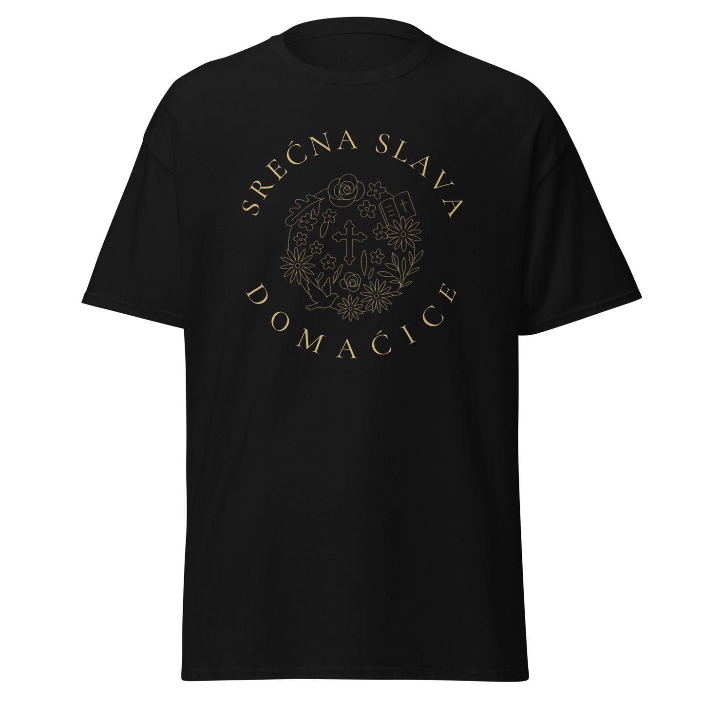 T-shirt Women - Srećna Slava Domaćice in black, front view, NASHE Balkan T-shirt