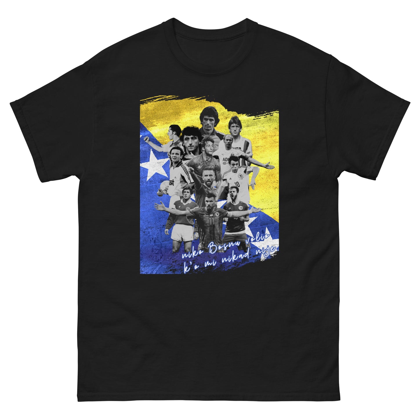 UNISEX T-SHIRT — NAŠI X WM EDITION '26 — BOSNIA LEGENDS in black, front view, NASHE Balkan T-shirt