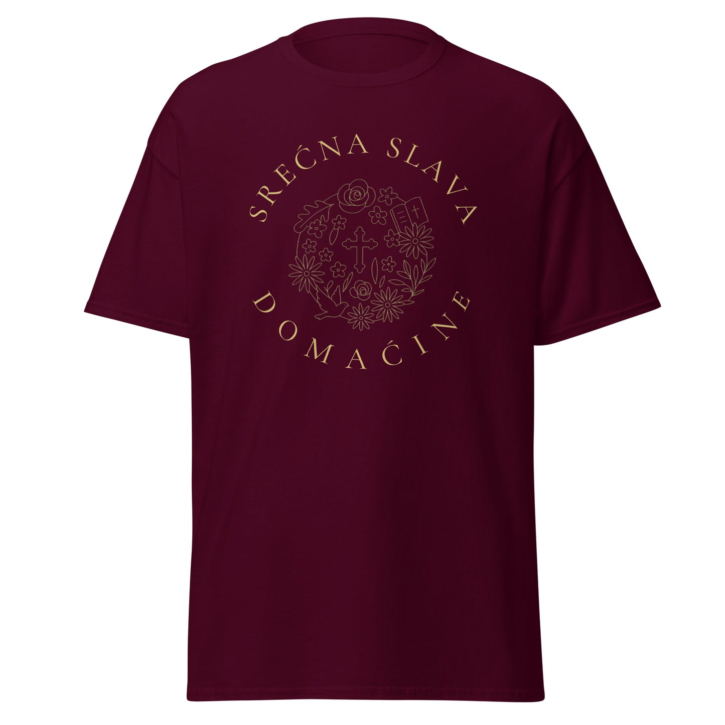 T-Shirt Men - Srećna Slava Domaćine in maroon, front view, NASHE Balkan T-shirt