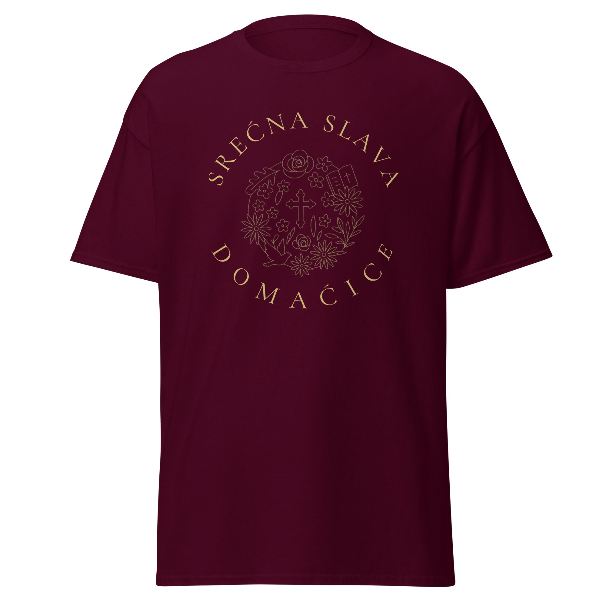 T-shirt Women - Srećna Slava Domaćice in maroon, front view, NASHE Balkan T-shirt