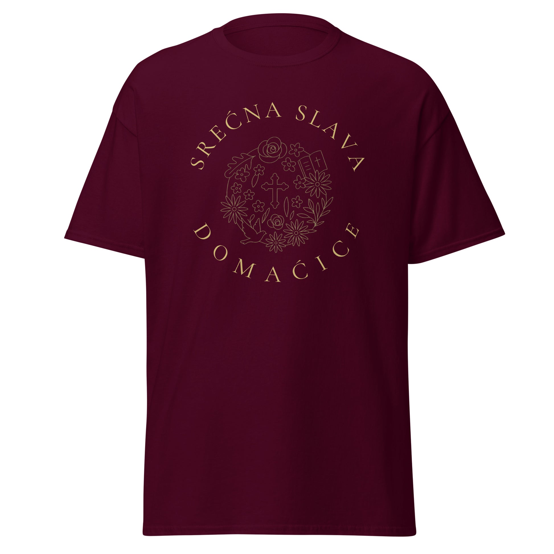 T-shirt Women - Srećna Slava Domaćice in maroon, front view, NASHE Balkan T-shirt
