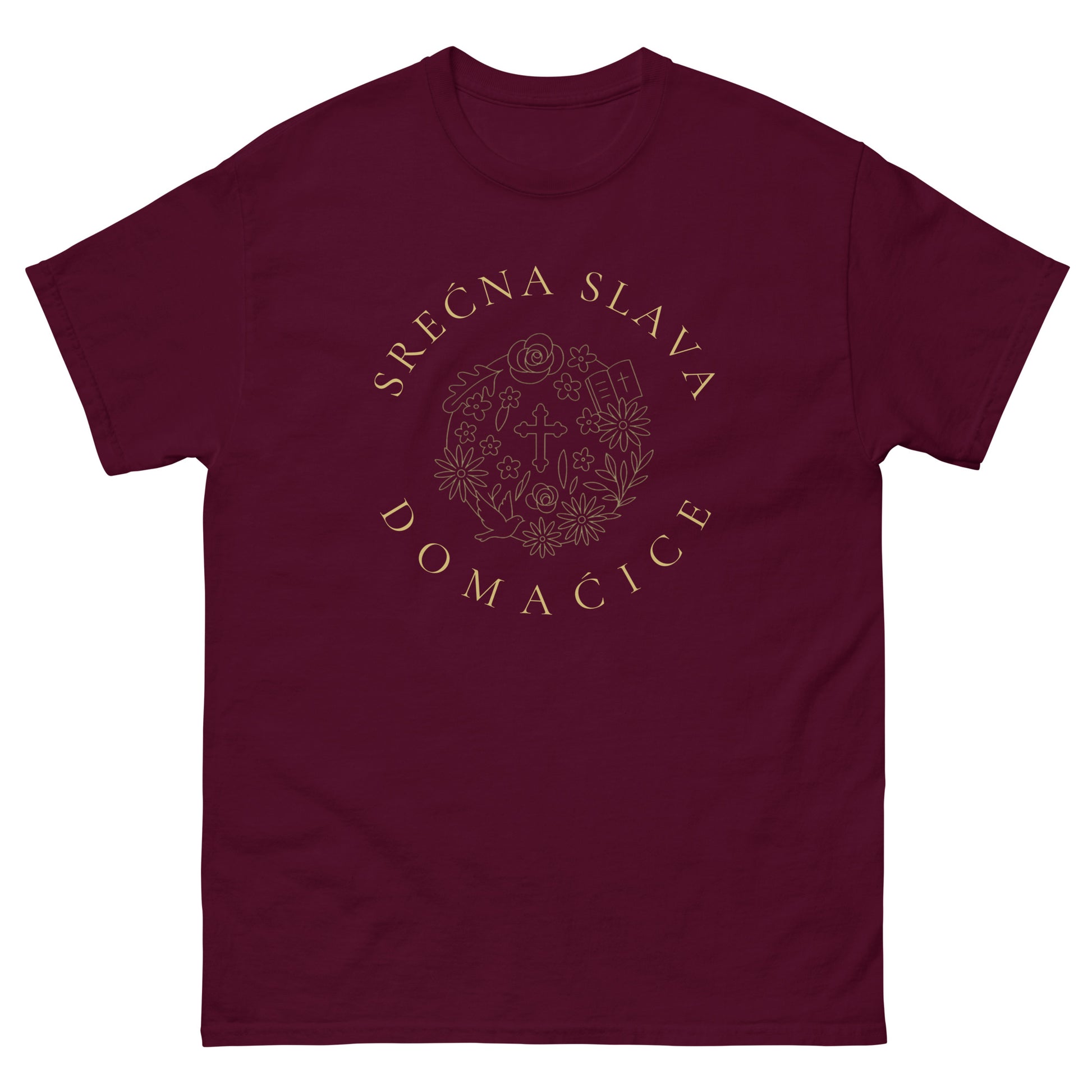 T-shirt Women - Srećna Slava Domaćice in maroon, front view, NASHE Balkan T-shirt