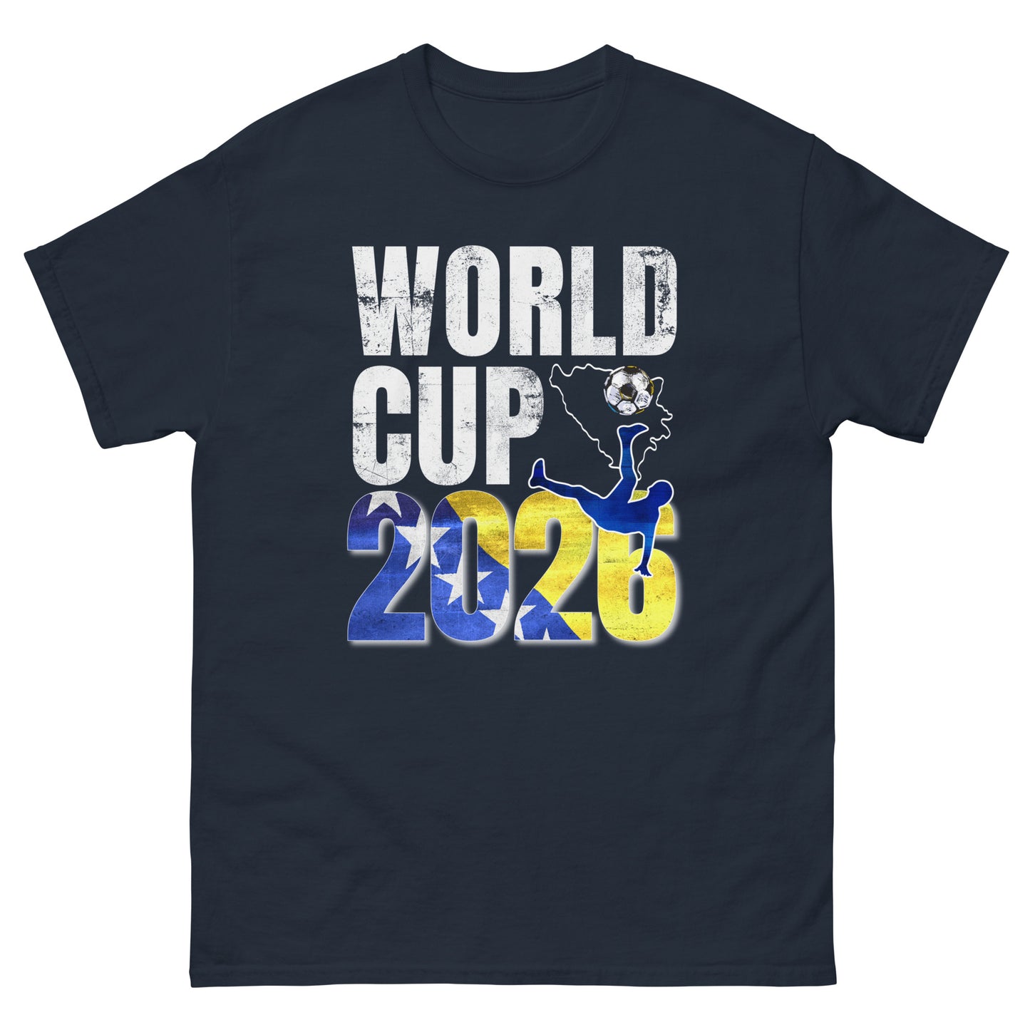 Unisex T-Shirt - NAŠI X WM EDITION '26 — BOSNIA in navy, front view, NASHE Balkan T-shirt