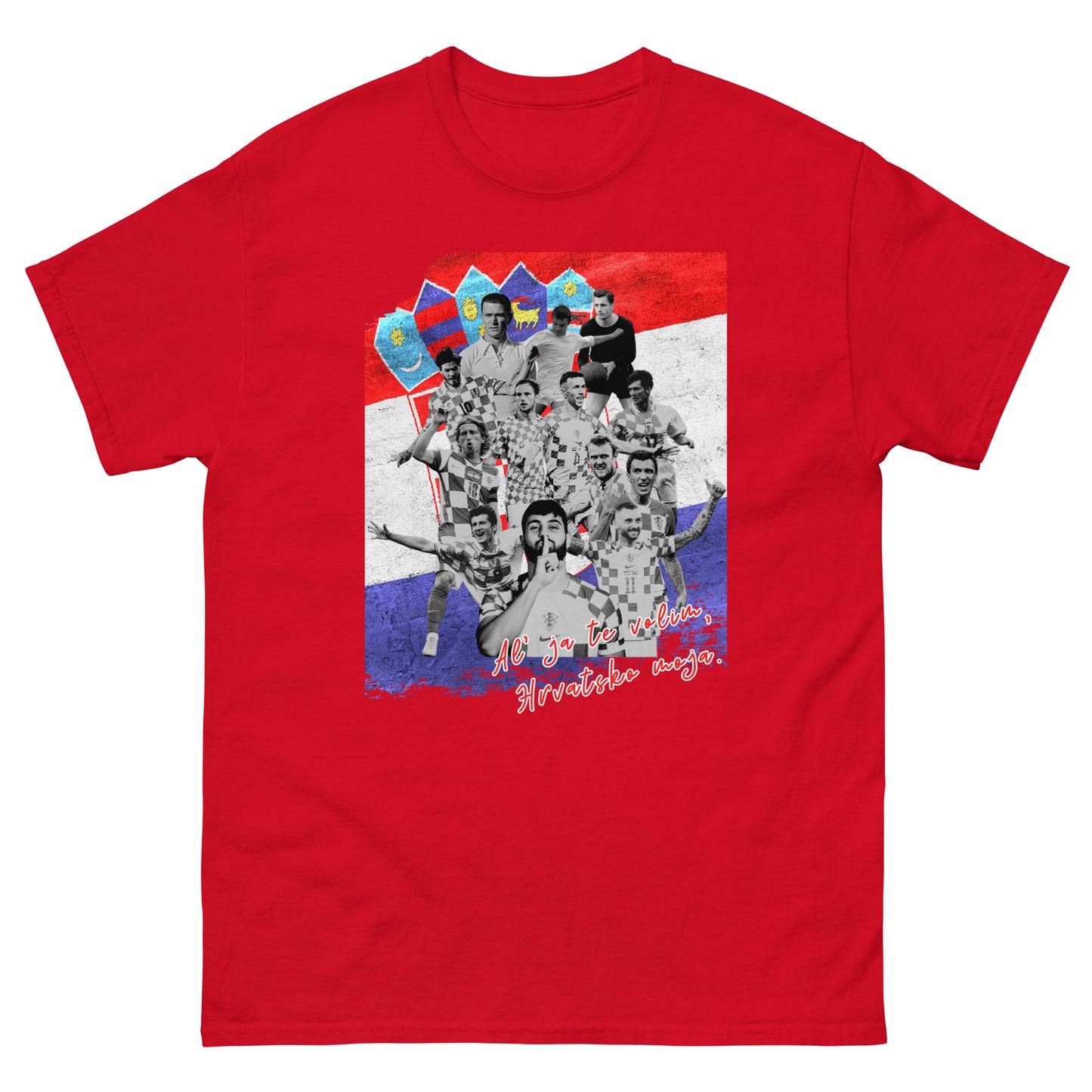 UNISEX T-SHIRT — NAŠI X WM EDITION '26 — CROATIA LEGENDS in red, front view, NASHE Balkan T-shirt