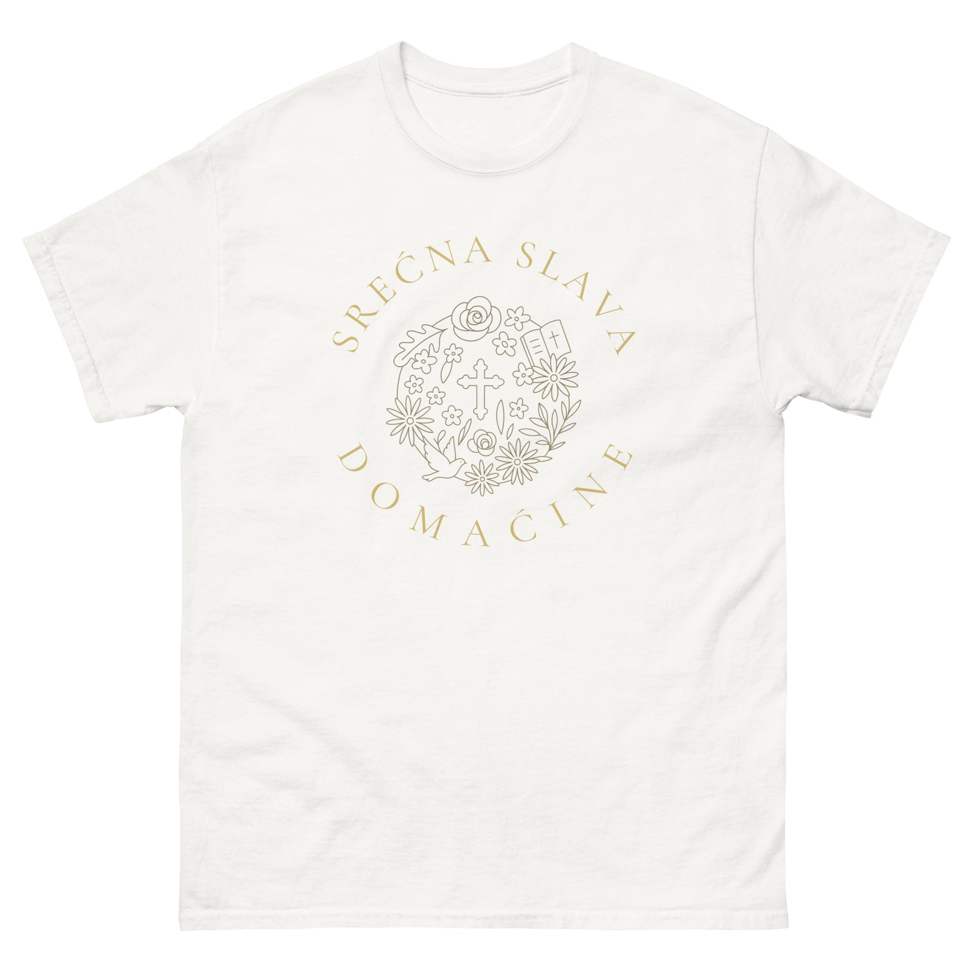 T-Shirt Men - Srećna Slava Domaćine in white, front view, NASHE Balkan T-shirt