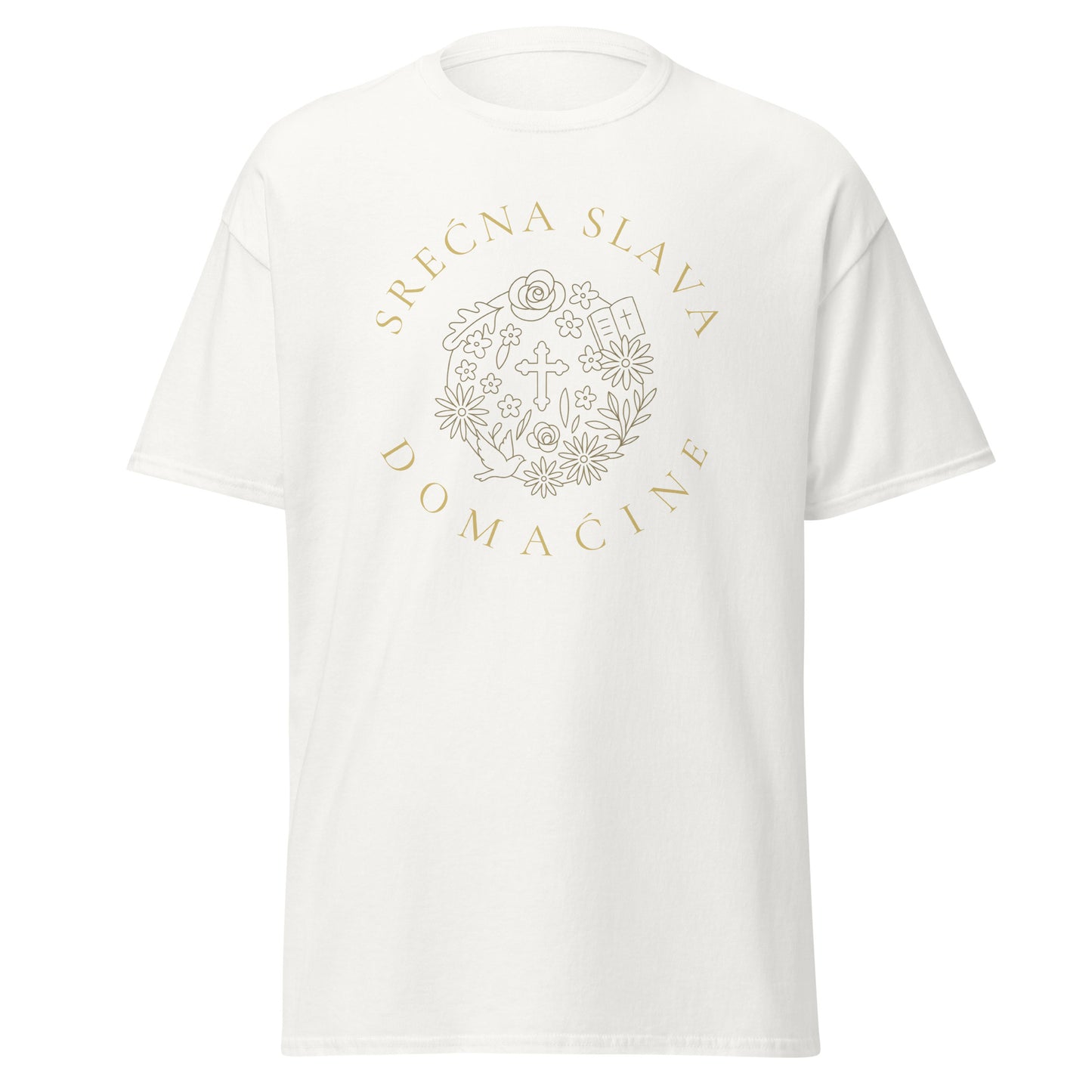 T-Shirt Men - Srećna Slava Domaćine in white, front view, NASHE Balkan T-shirt