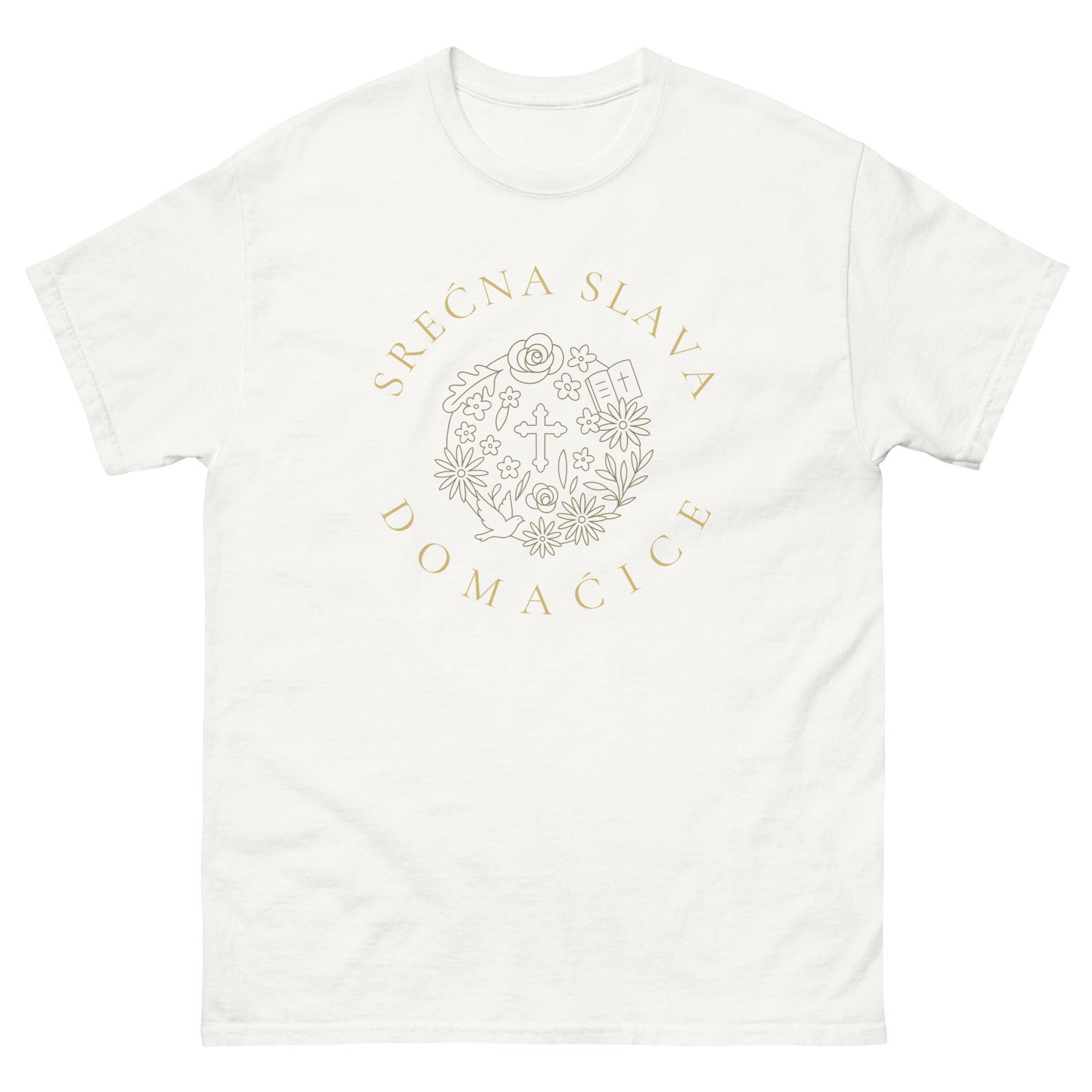 T-shirt Women - Srećna Slava Domaćice in white, front view, NASHE Balkan T-shirt