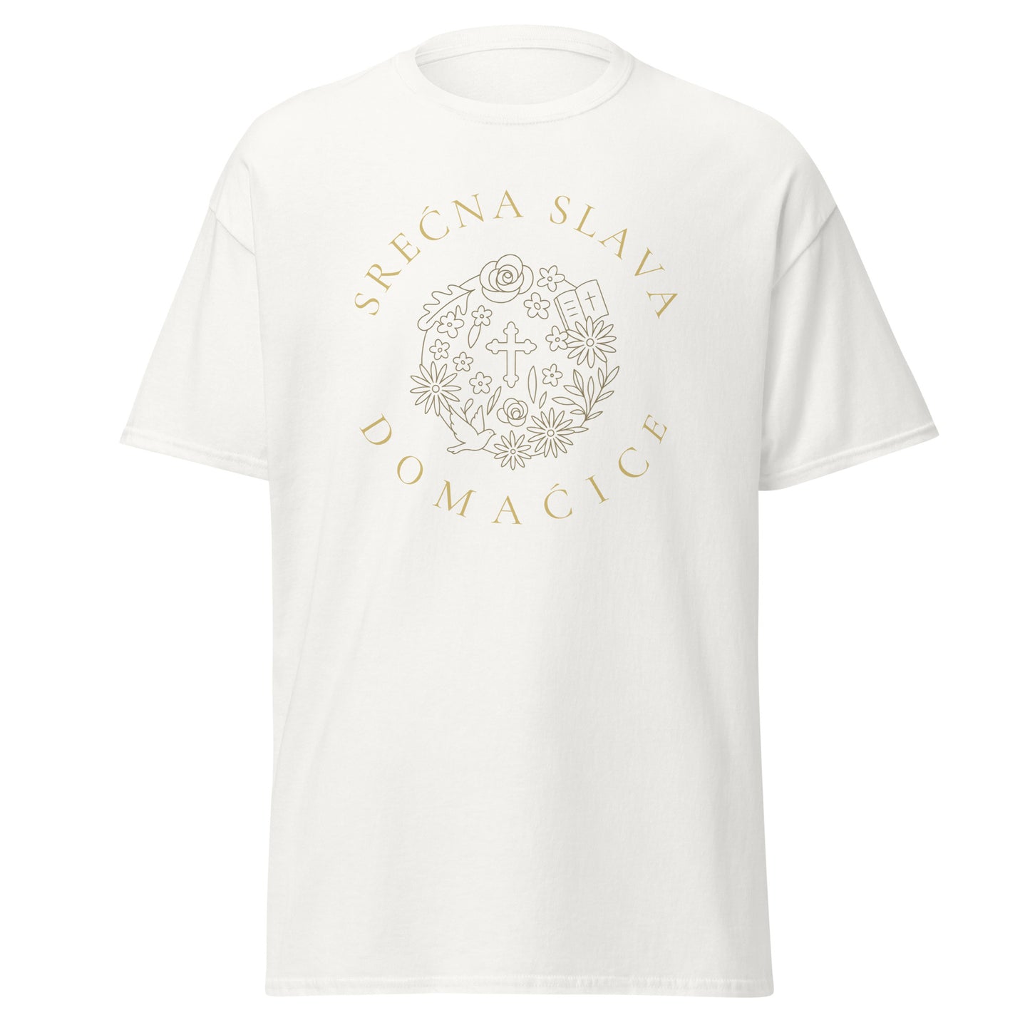 T-shirt Women - Srećna Slava Domaćice in white, front view, NASHE Balkan T-shirt