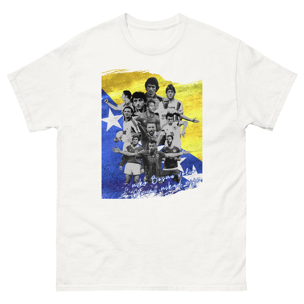 UNISEX T-SHIRT — NAŠI X WM EDITION '26 — BOSNIA LEGENDS in white, front view, NASHE Balkan T-shirt