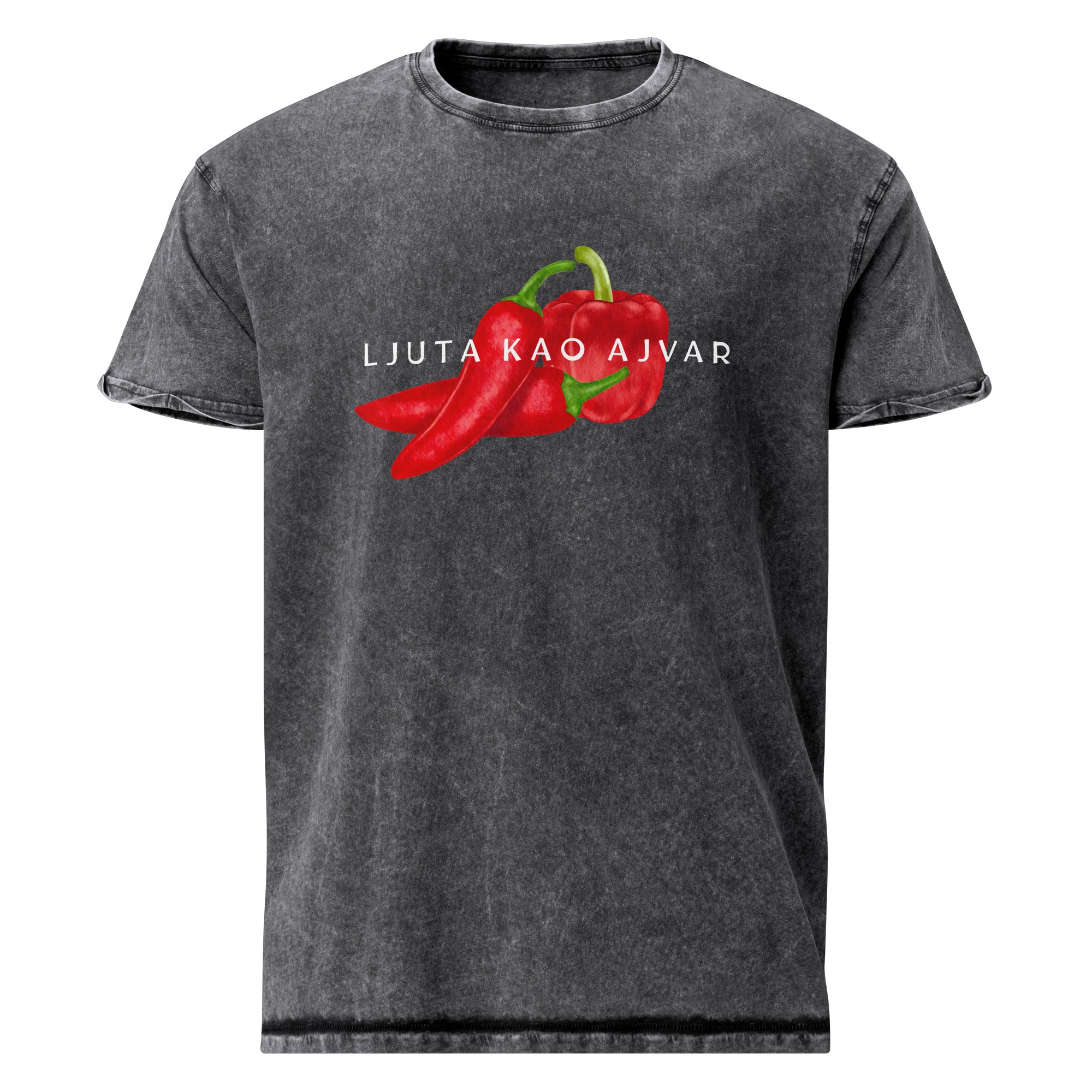 Denim T-Shirt Women - Ljuta kao ajvar in black, front view, NASHE Balkan T-shirt