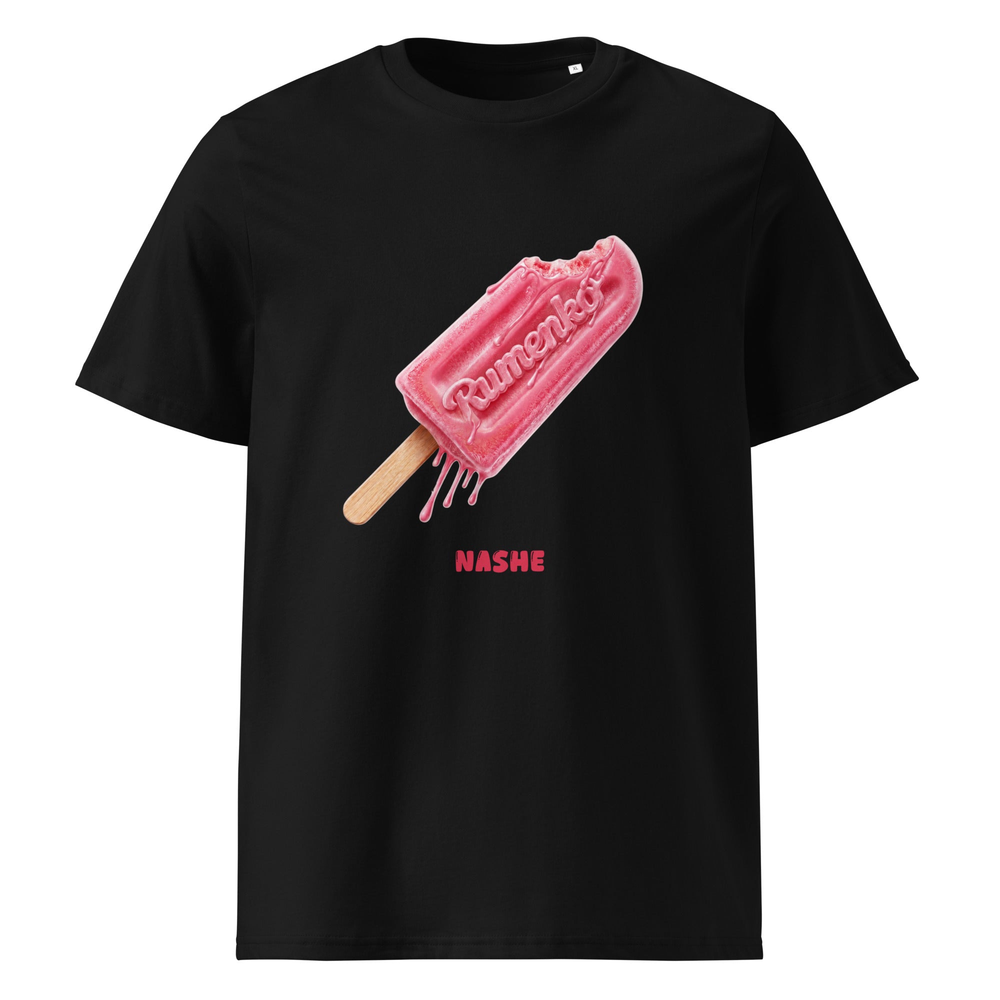 Unisex Organic Cotton T-Shirt - Rumenko in black, front view, NASHE Balkan T-shirt