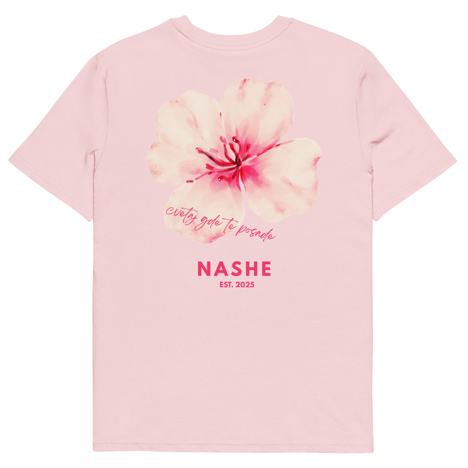 Unisex Organic Cotton T-Shirt - cvetaj gde te posade in pink, back view, NASHE Balkan T-shirt