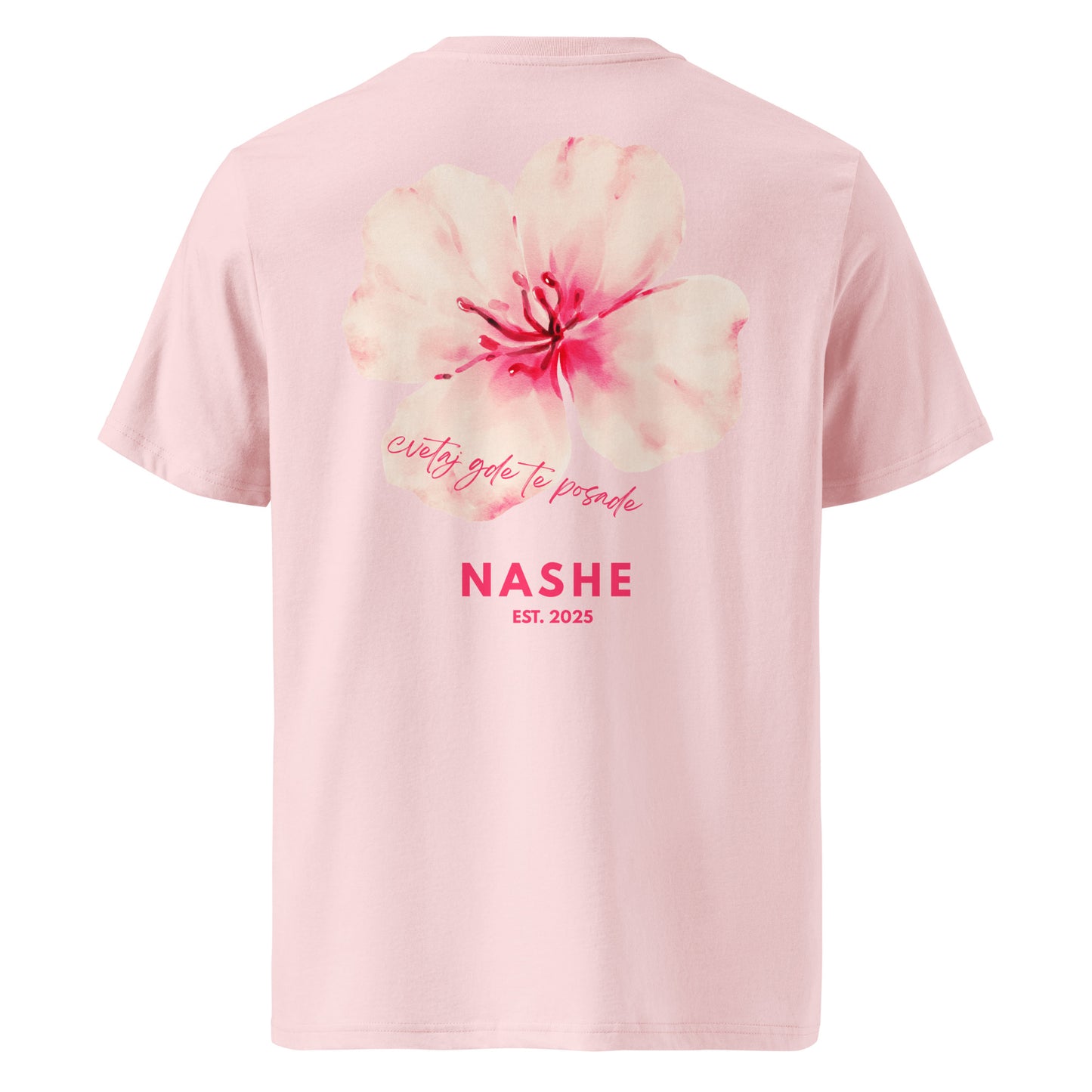 Unisex Organic Cotton T-Shirt - cvetaj gde te posade in pink, back view, NASHE Balkan T-shirt