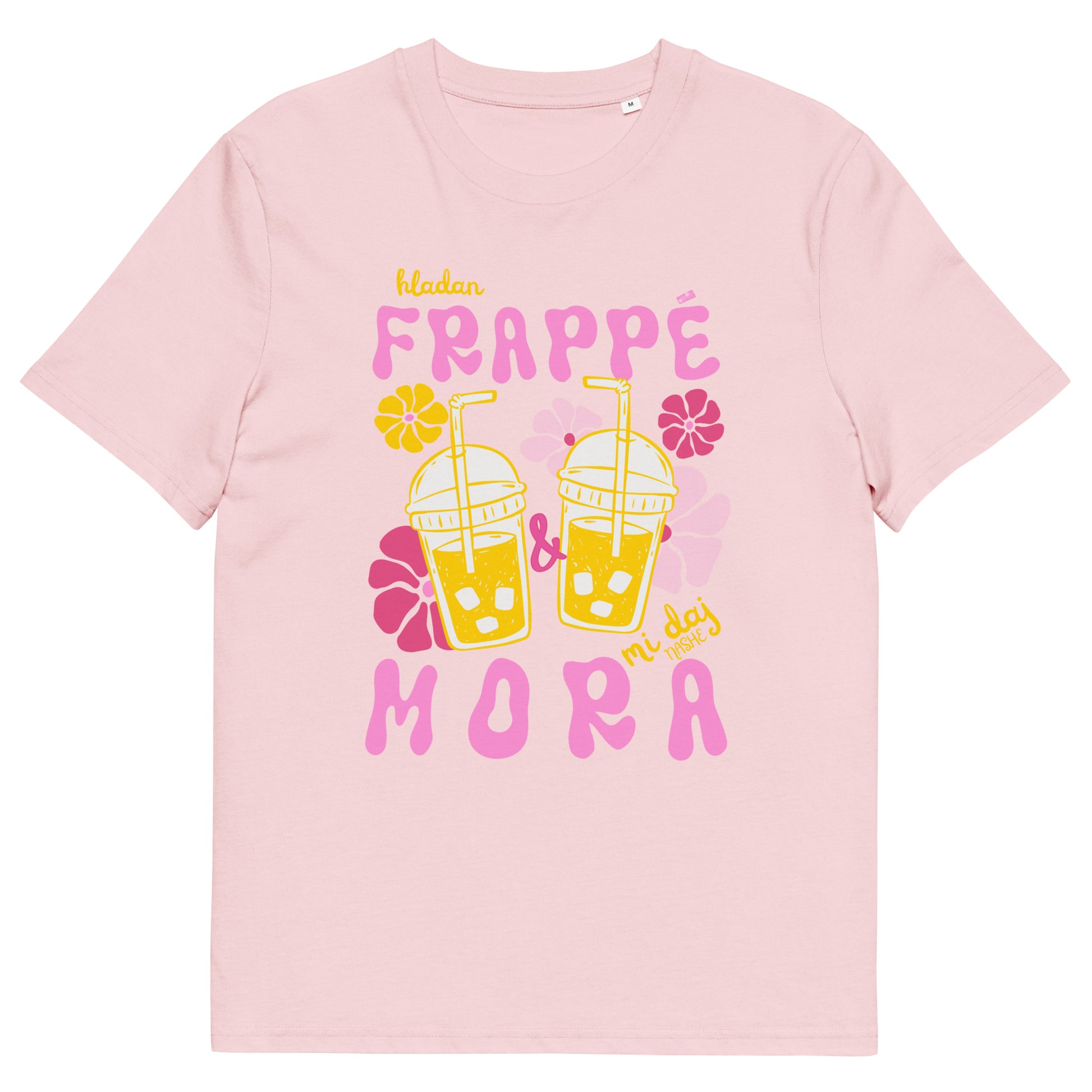Organic Cotton T-Shirt women - Hladan Frappé i mora mi daj. in pink, front view, NASHE Balkan T-shirt