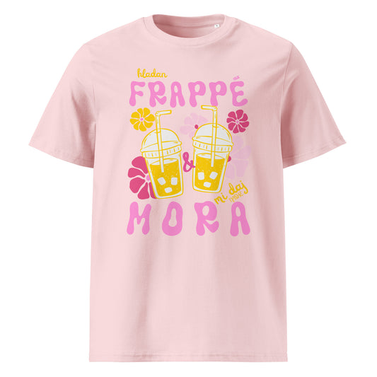 Organic Cotton T-Shirt women - Hladan Frappé i mora mi daj. in pink, front view, NASHE Balkan T-shirt
