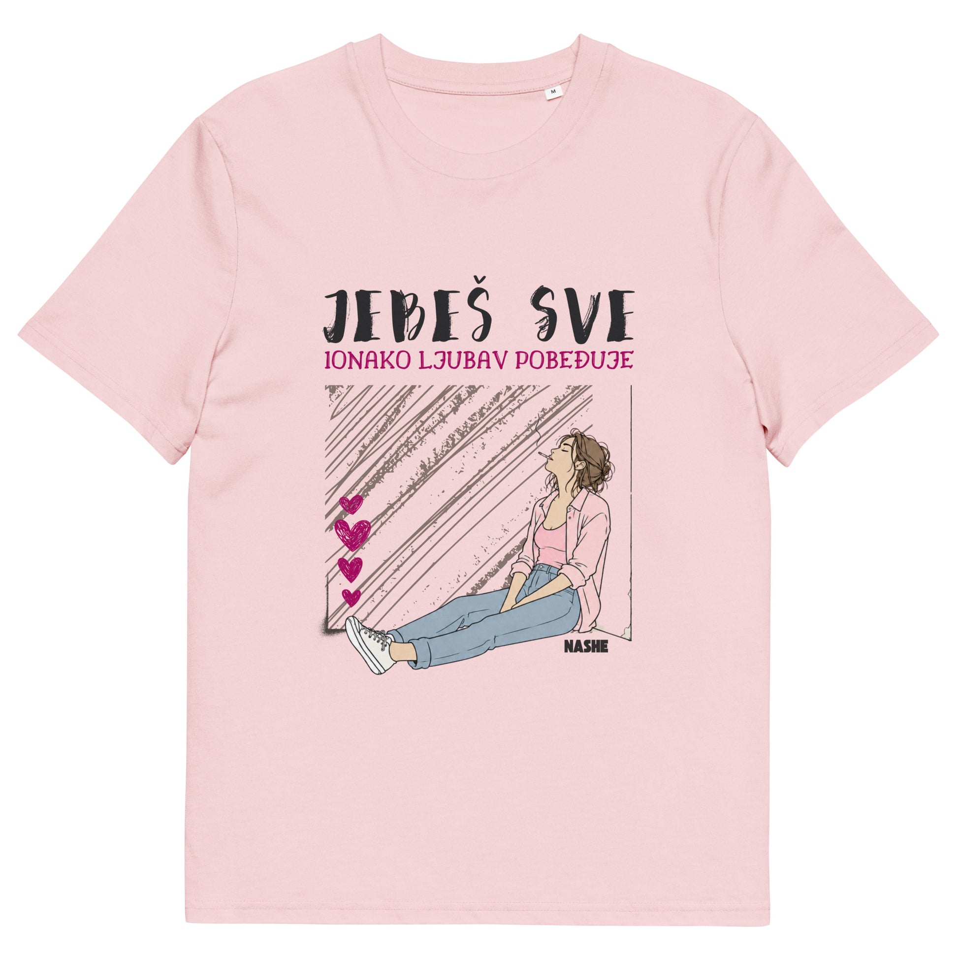 Organic T-Shirt women - Jebeš sve, ionako ljubav pobeđuje. in pink, front view, NASHE Balkan T-shirt