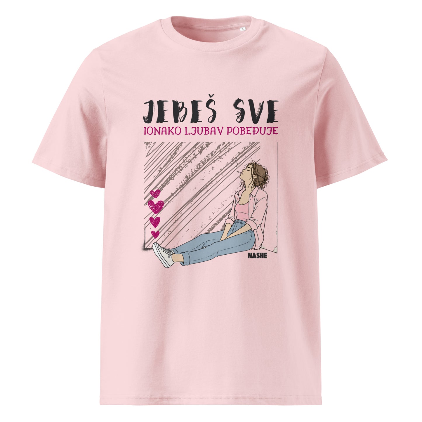 Organic T-Shirt women - Jebeš sve, ionako ljubav pobeđuje. in pink, front view, NASHE Balkan T-shirt