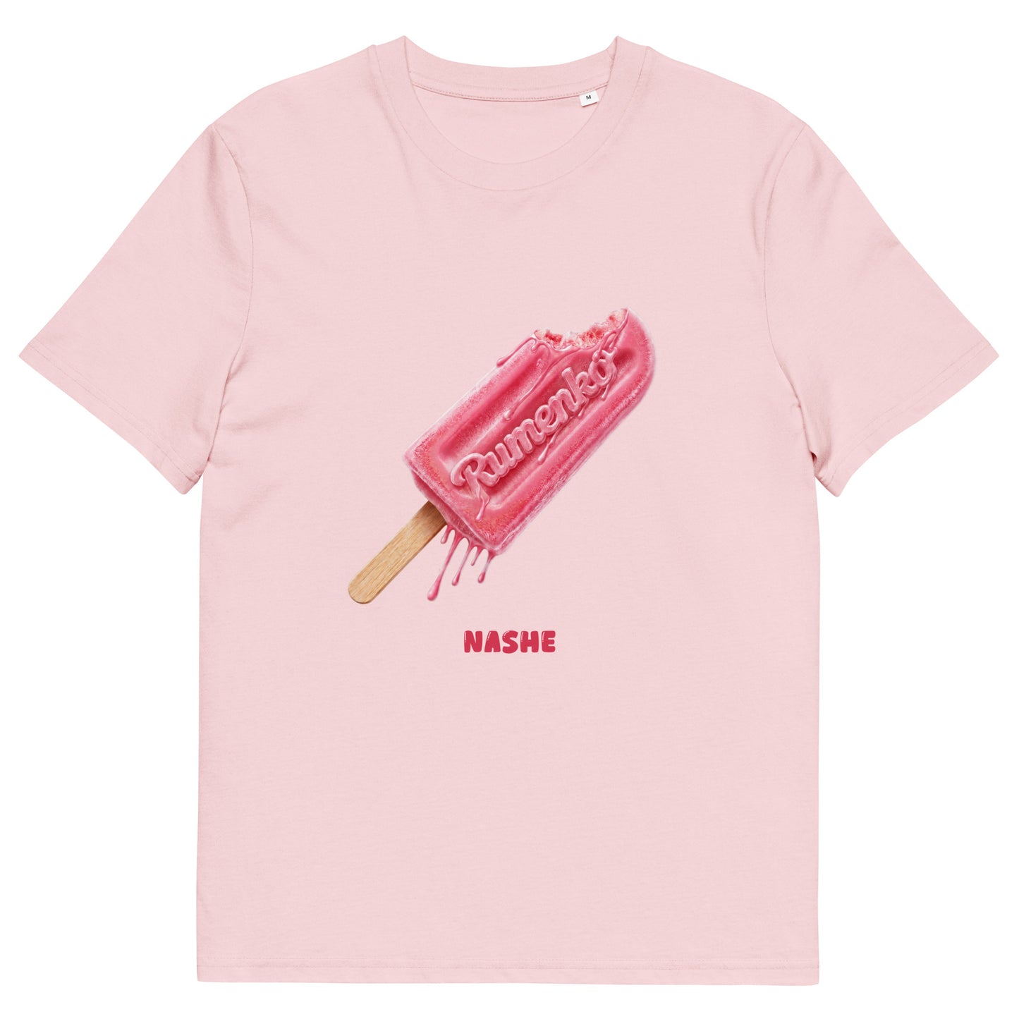 Unisex Organic Cotton T-Shirt - Rumenko in pink, front view, NASHE Balkan T-shirt