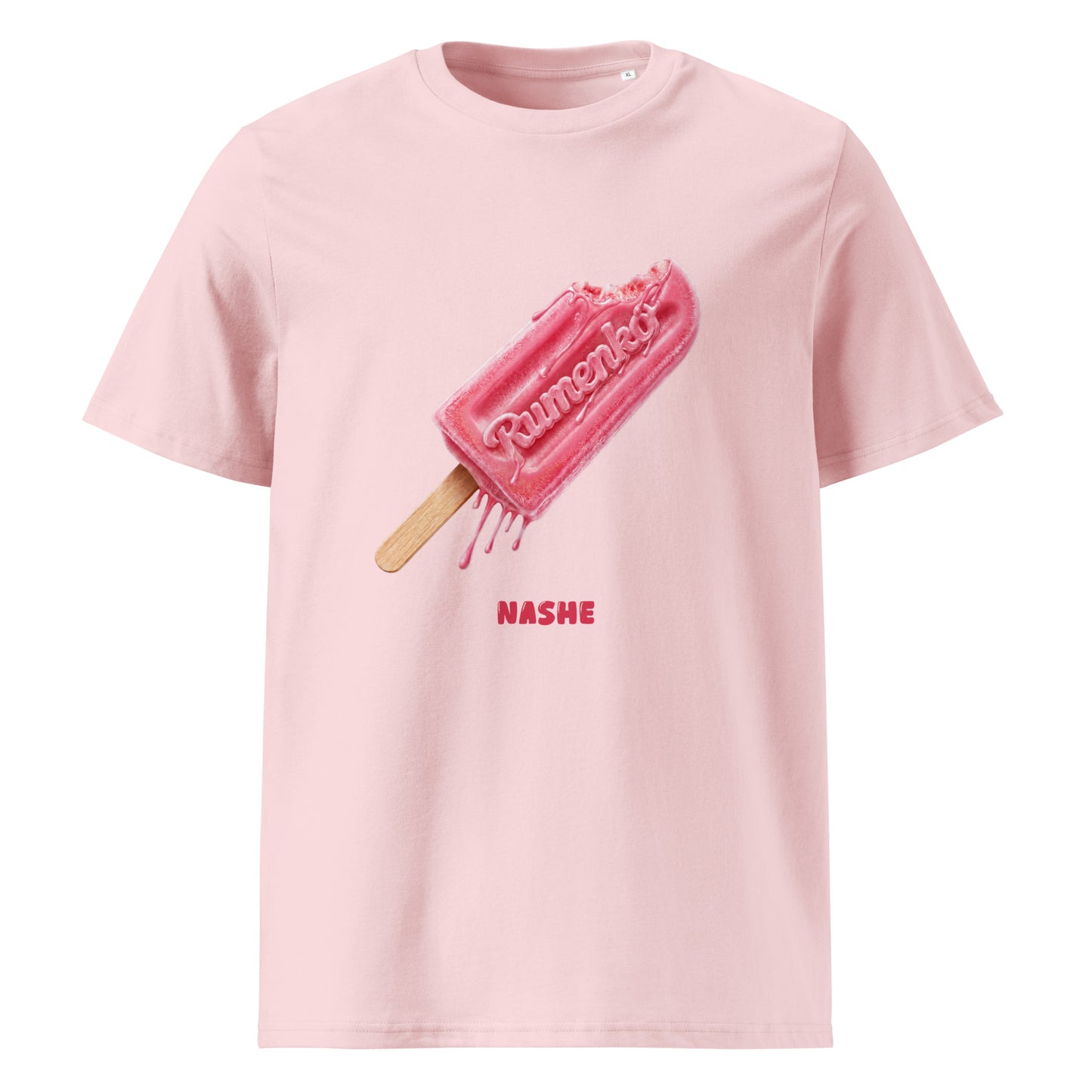Unisex Organic Cotton T-Shirt - Rumenko in pink, front view, NASHE Balkan T-shirt