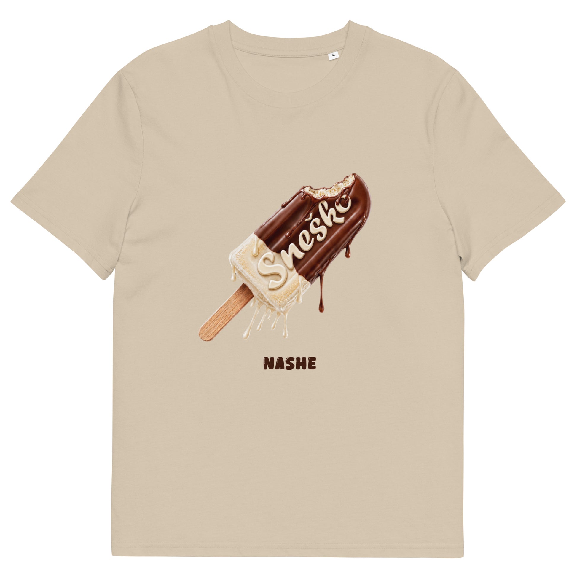 Unisex Organic Cotton T-Shirt - Sneško in desert dust, front view, NASHE Balkan T-shirt