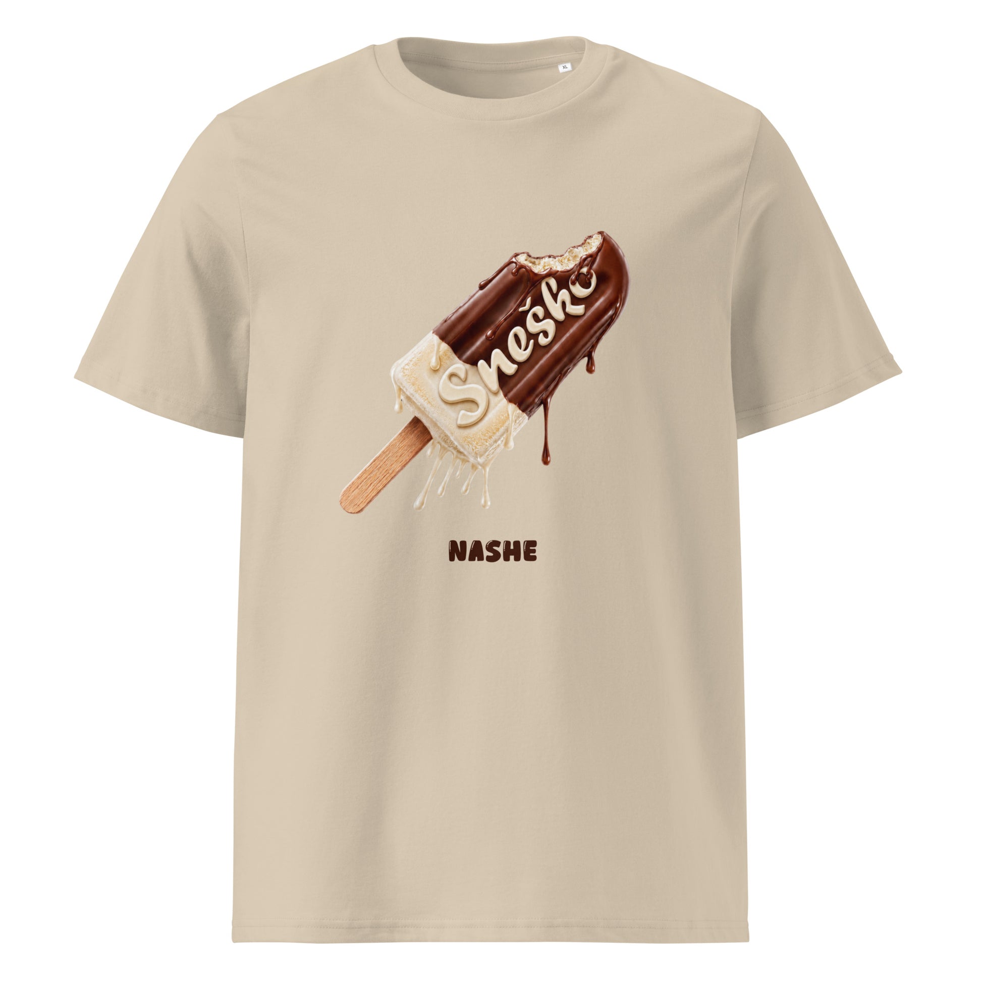 Unisex Organic Cotton T-Shirt - Sneško in desert dust, front view, NASHE Balkan T-shirt