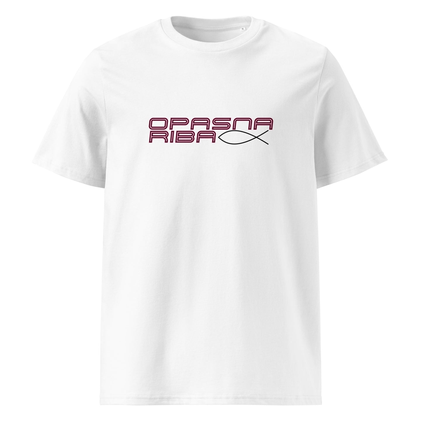 T-shirt Women - opasna riba in white, front view, NASHE Balkan T-shirt
