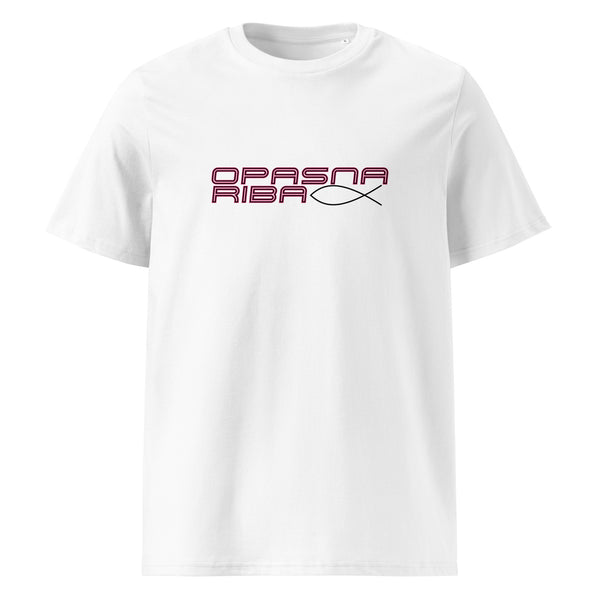 T-shirt Women - opasna riba in white, front view, NASHE Balkan T-shirt