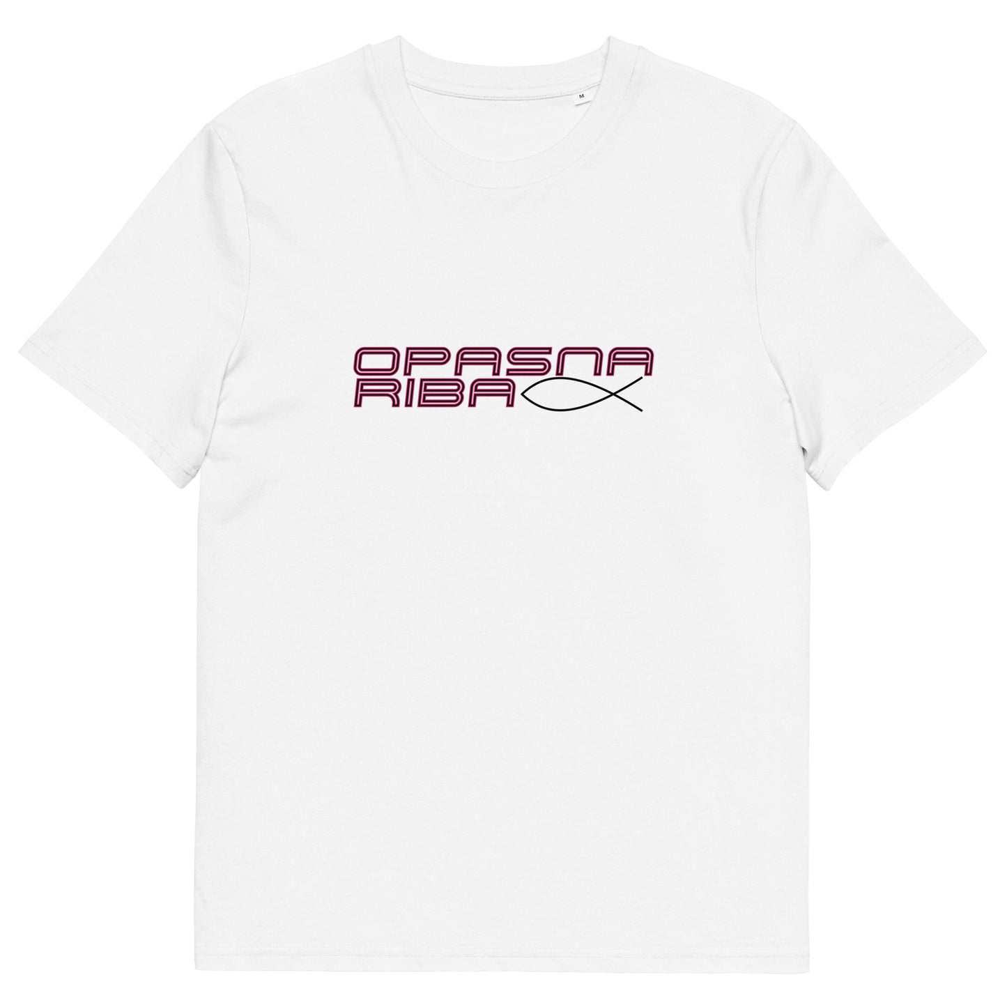 T-shirt Women - opasna riba in white, front view, NASHE Balkan T-shirt