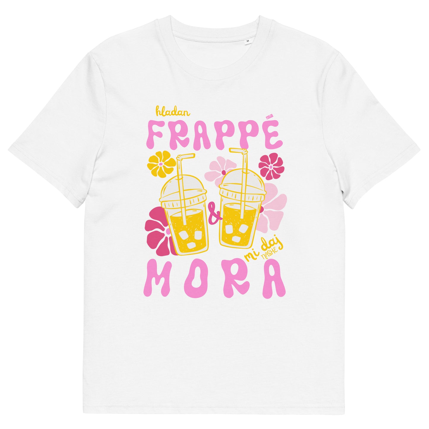 Organic Cotton T-Shirt women - Hladan Frappé i mora mi daj. in white, front view, NASHE Balkan T-shirt