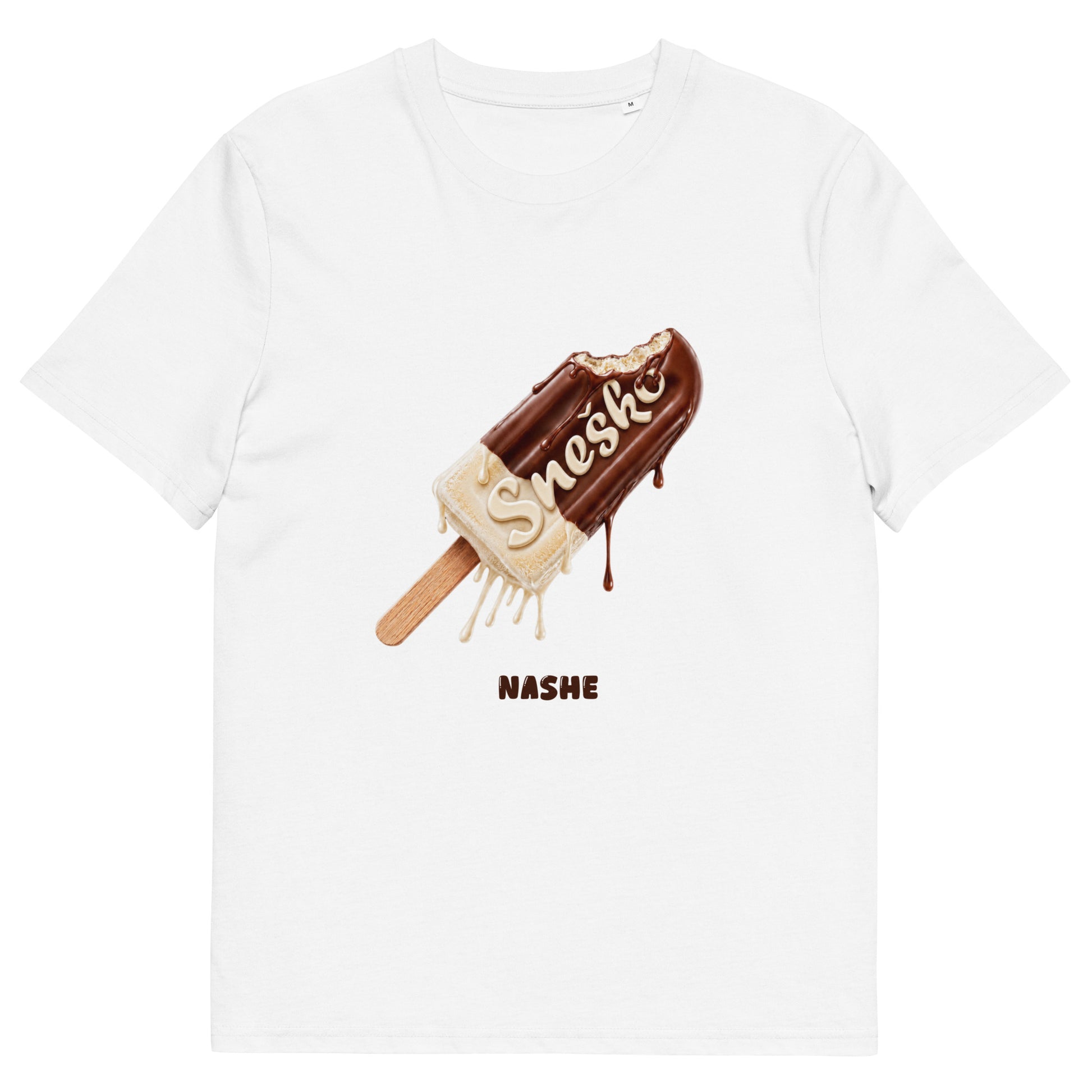 Unisex Organic Cotton T-Shirt - Sneško in white, front view, NASHE Balkan T-shirt