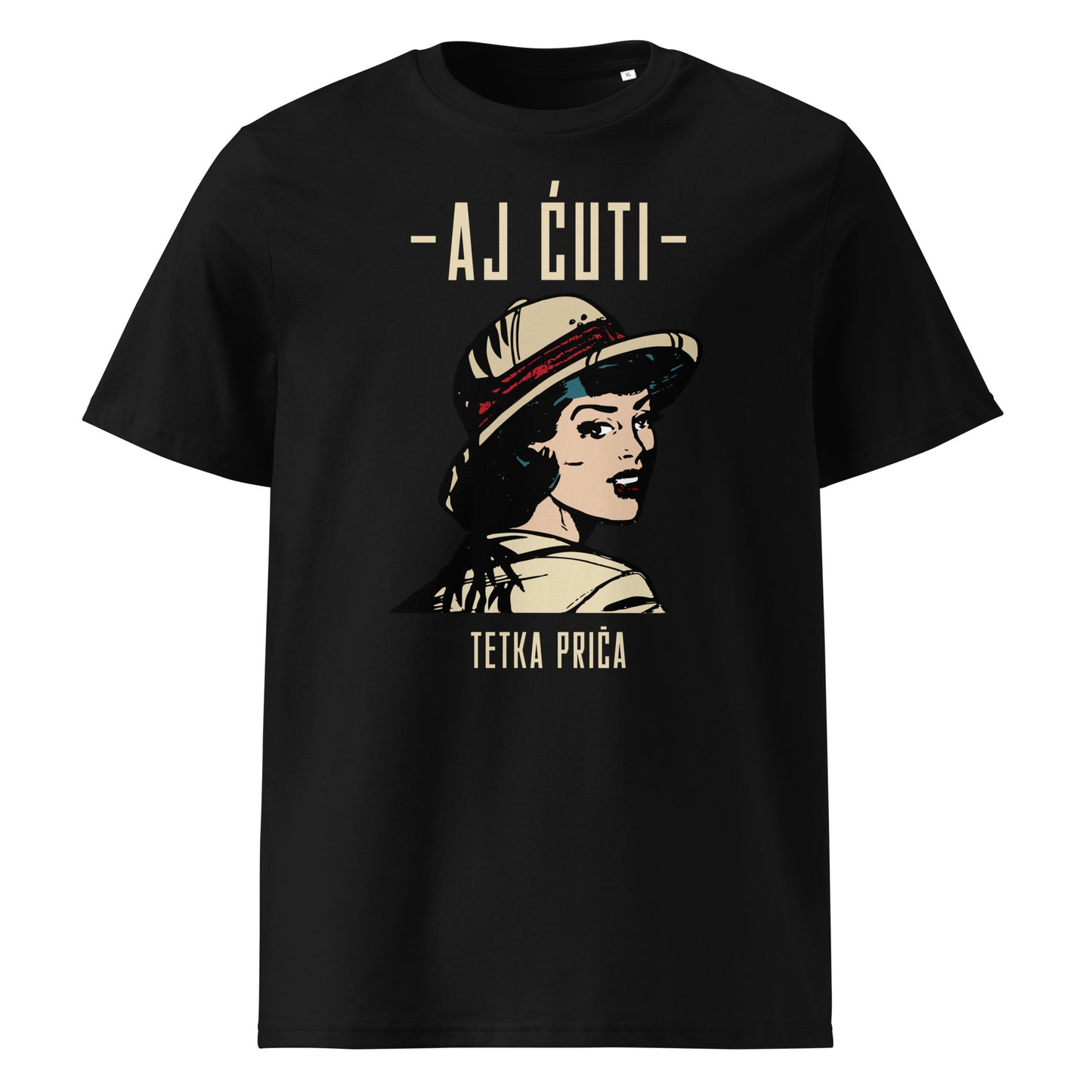 T-Shirt women - Aj ćuti – Tetka priča in black, front view, NASHE Balkan T-shirt