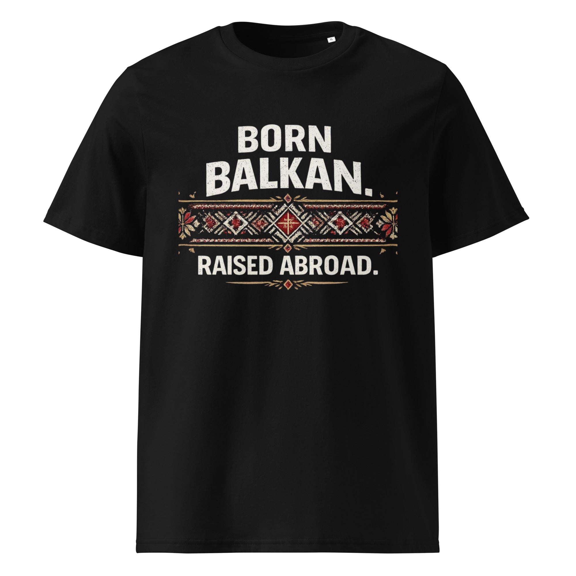 Unisex organic cotton t-shirt - Born Balkan in black, front view, NASHE Balkan T-shirt