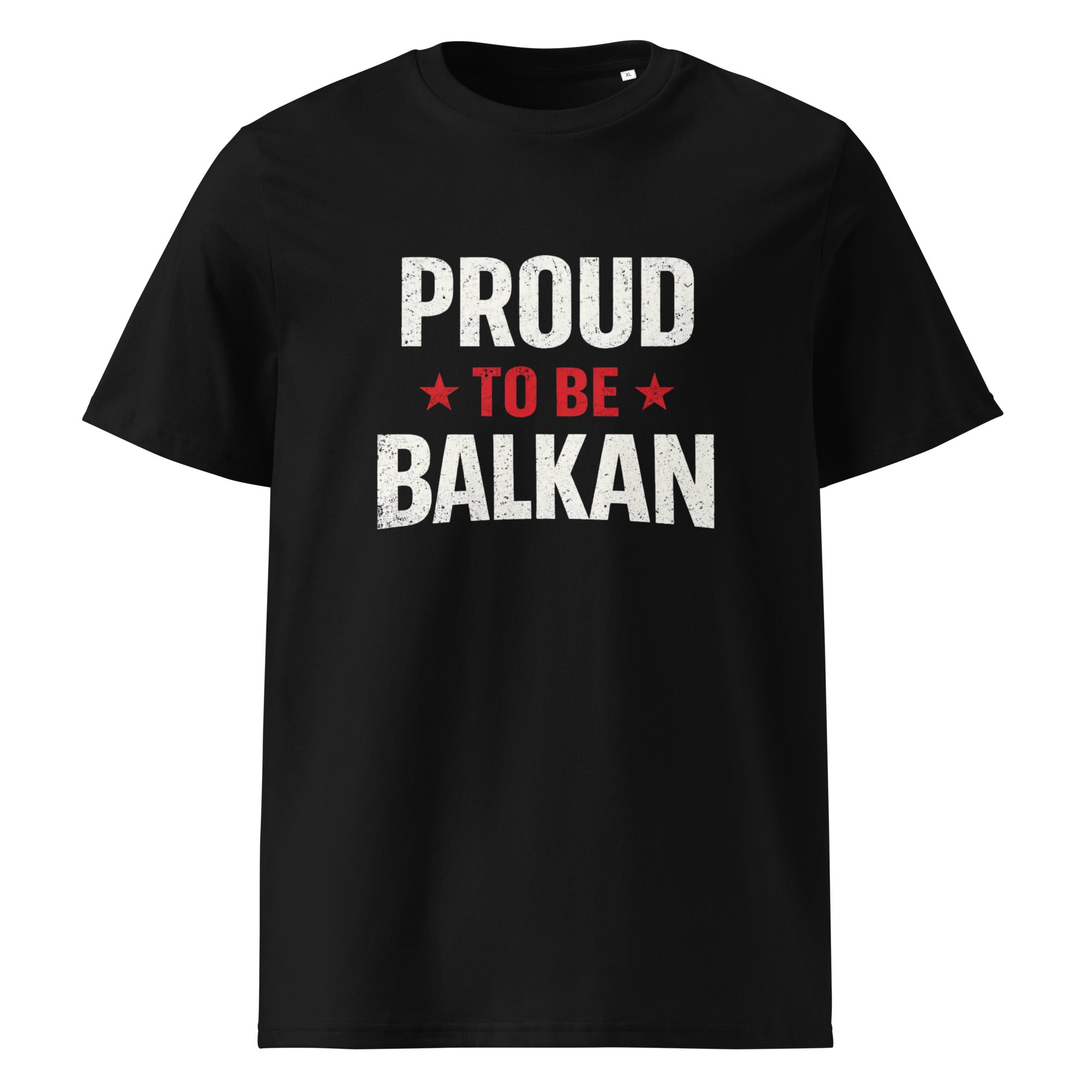 Unisex organic cotton t-shirt - Proud to be Balkan in black, front view, NASHE Balkan T-shirt