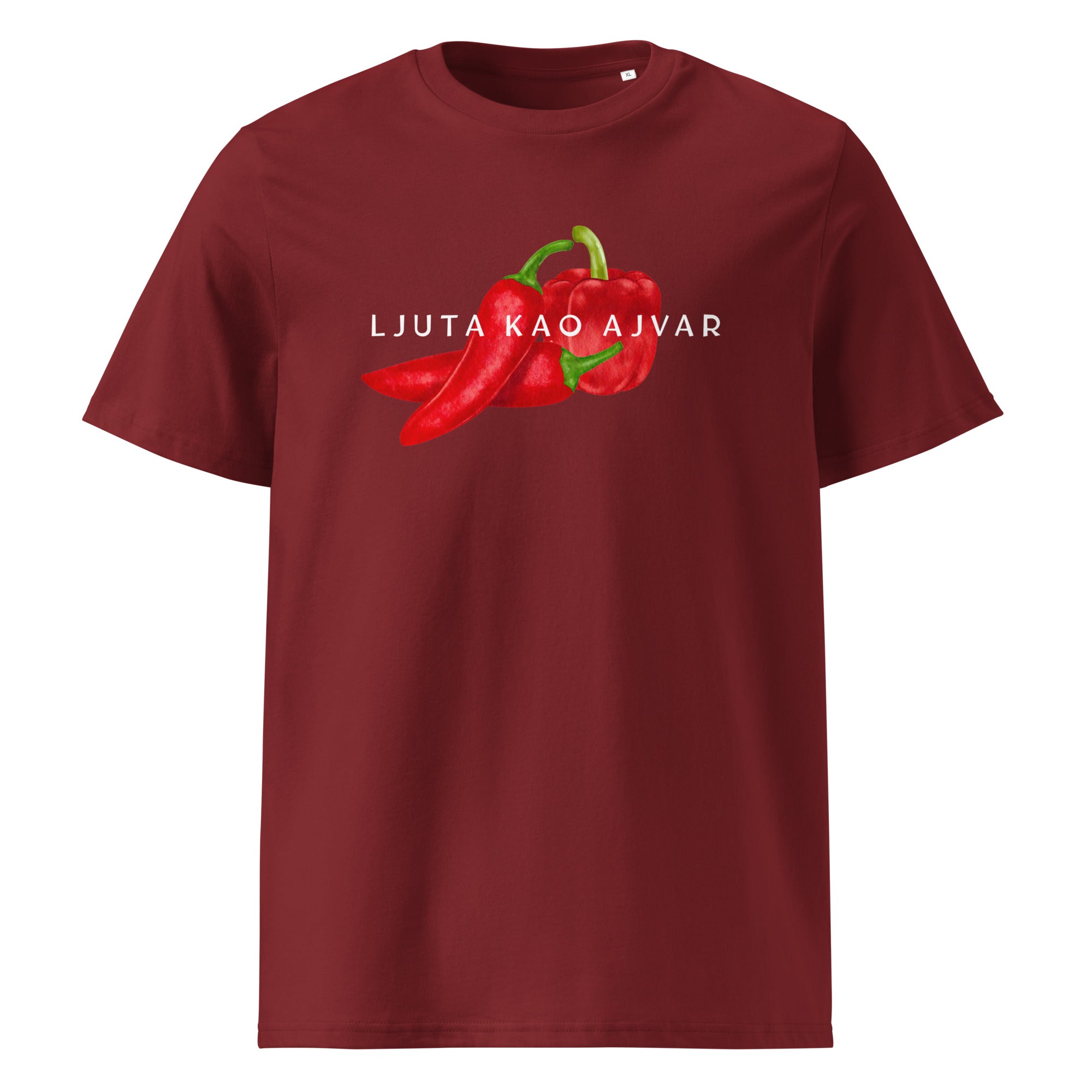 T-shirt Women - Ljuta kao ajvar in burgundy, front view, NASHE Balkan T-shirt