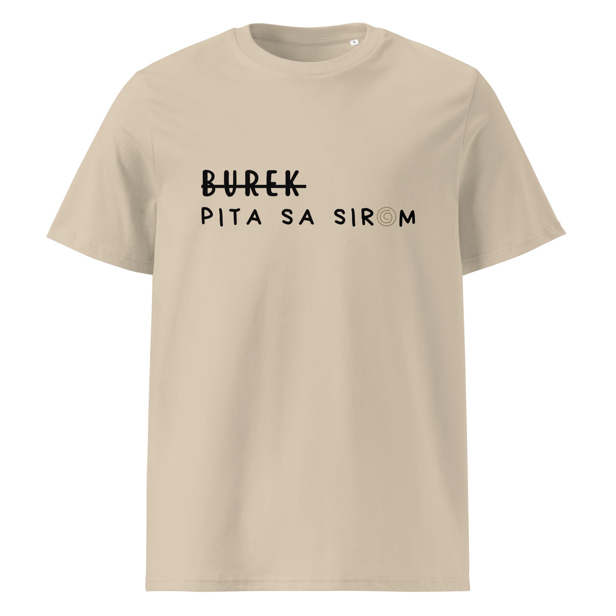 Unisex organic cotton t-shirt - Burek - pita sa sirom in desert dust, front view, NASHE Balkan T-shirt