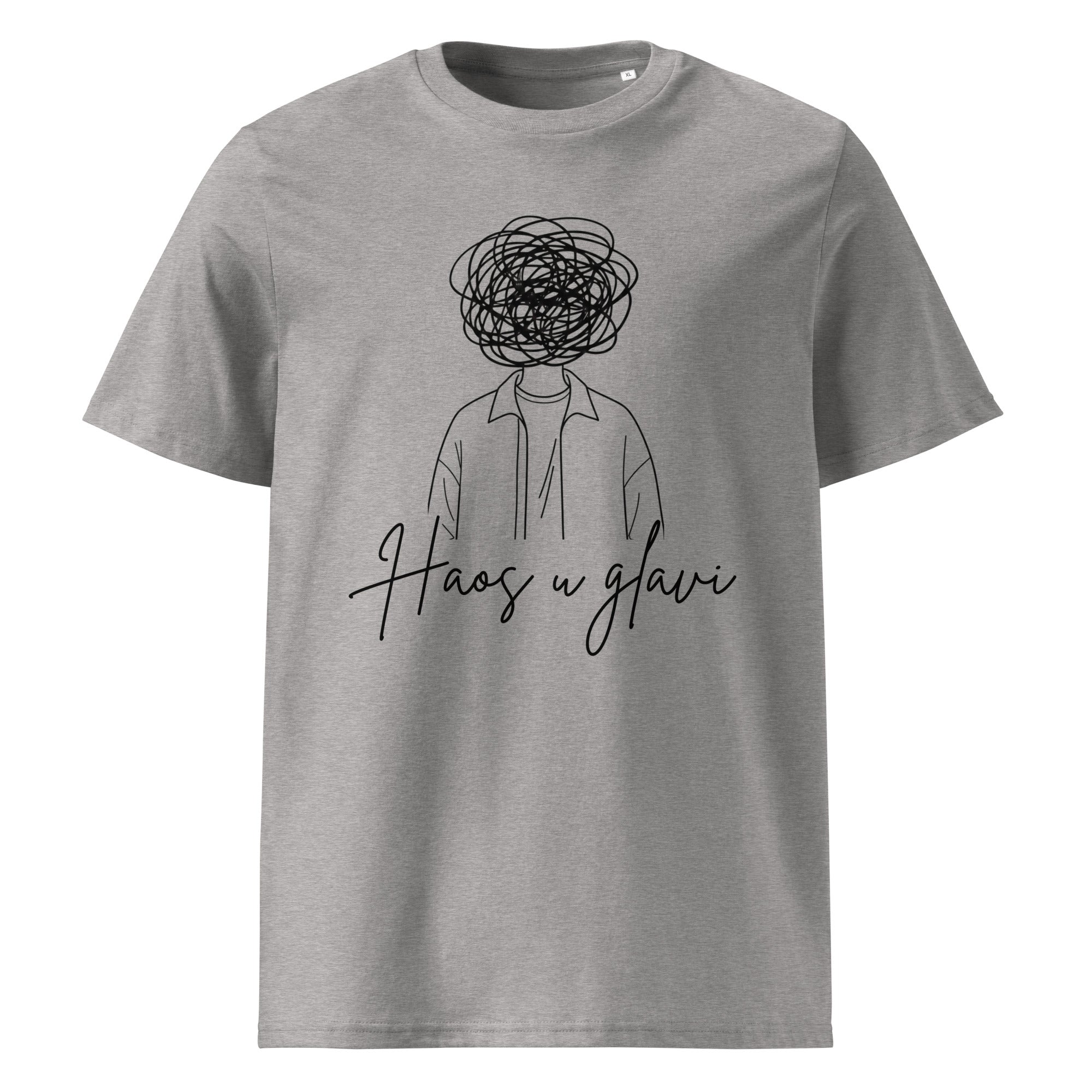 Unisex organic cotton t-shirt - Haos u glavi in grey, front view, NASHE Balkan T-shirt