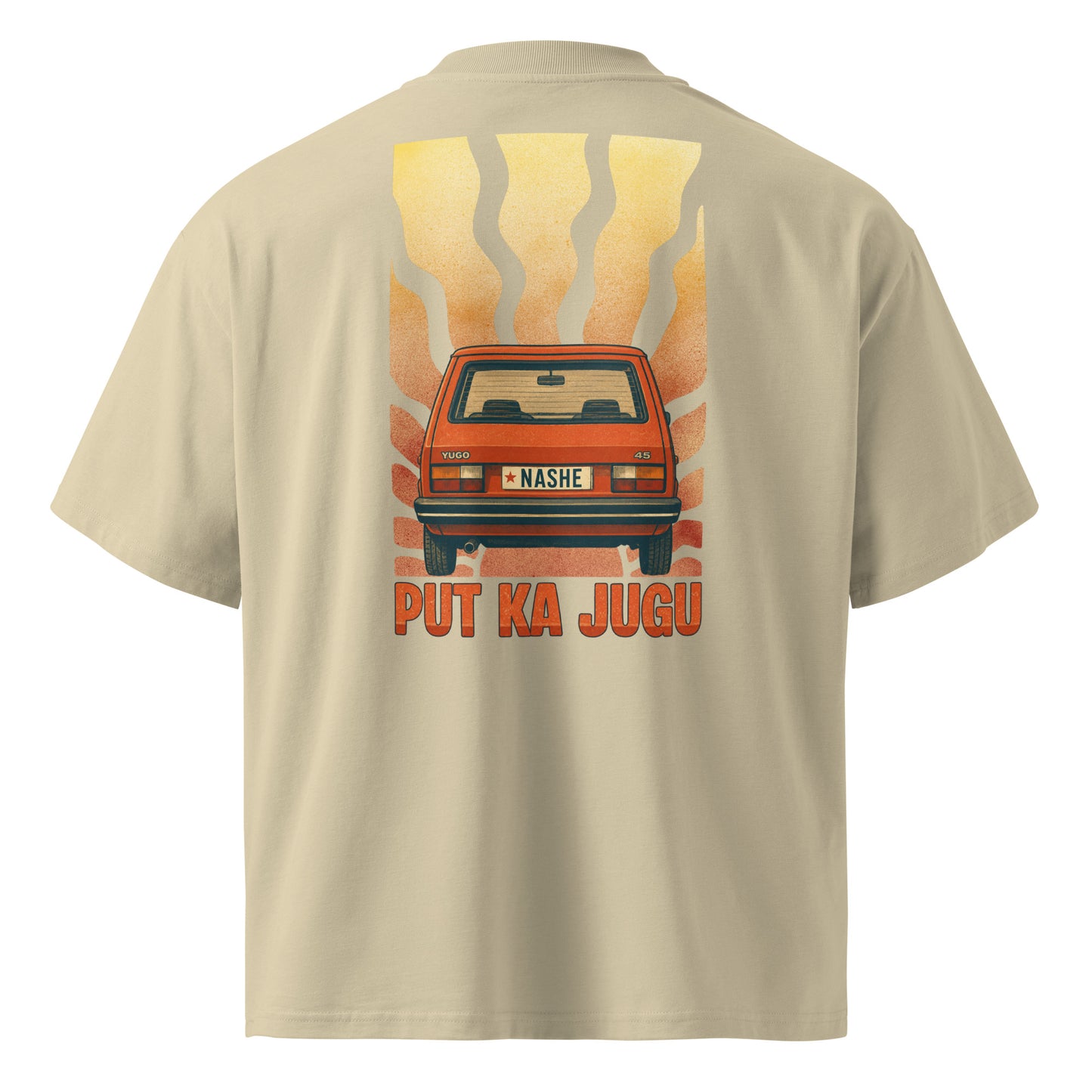 Organic oversized high neck t-shirt men - put ka jugu in stone, back view, NASHE Balkan T-shirt