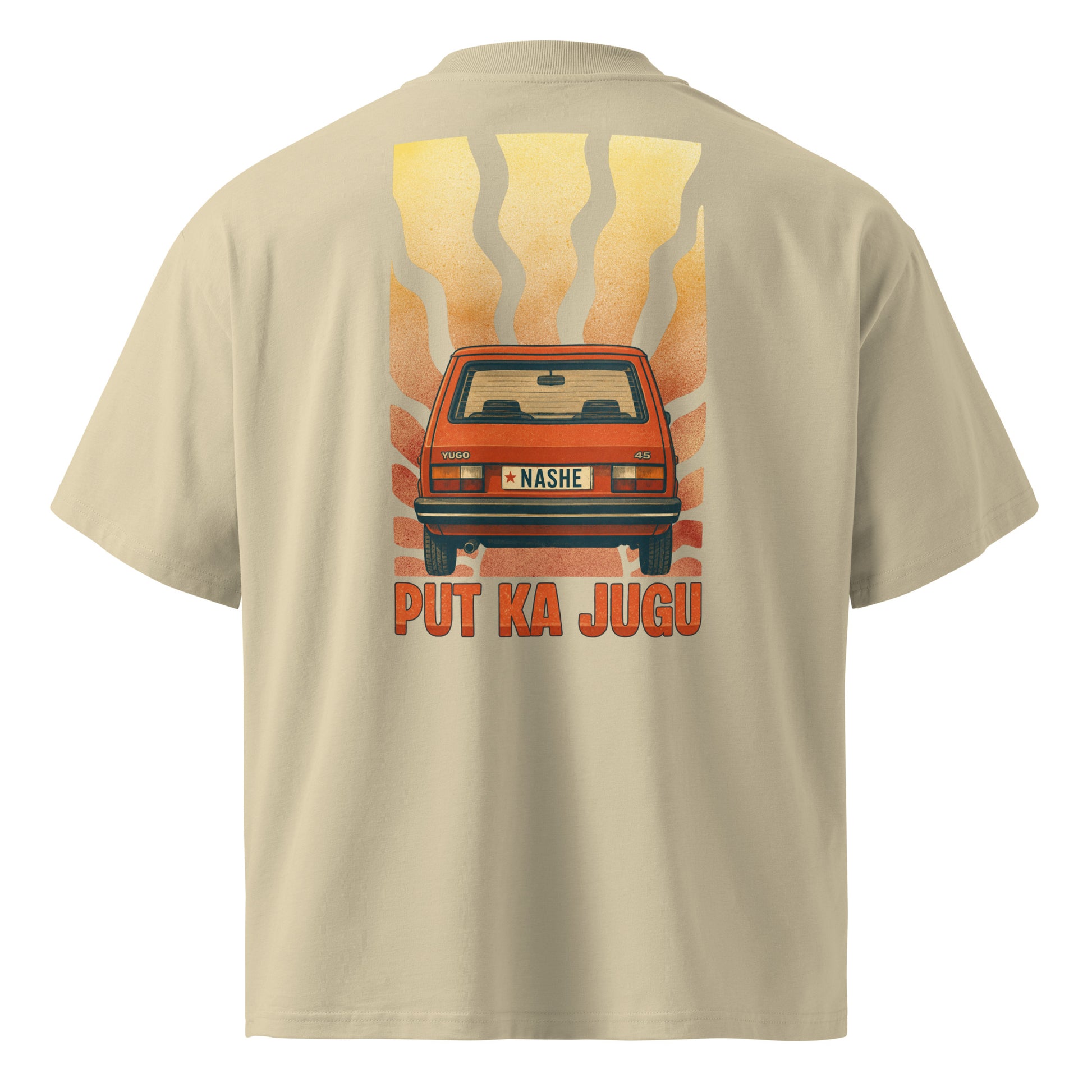 Organic oversized high neck t-shirt men - put ka jugu in stone, back view, NASHE Balkan T-shirt