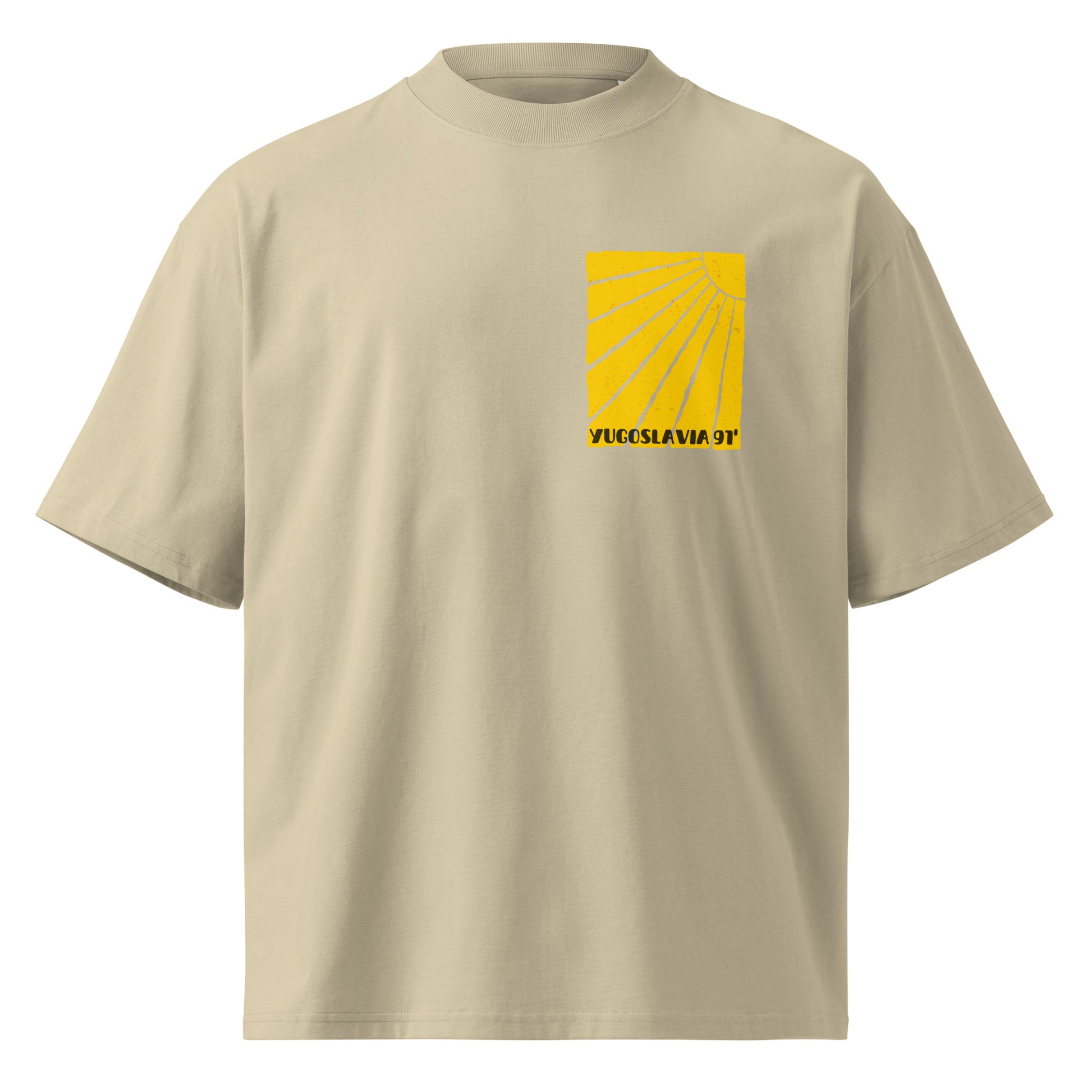 Organic oversized high neck t-shirt men - Yugoslavia 91' in stone, front view, NASHE Balkan T-shirt