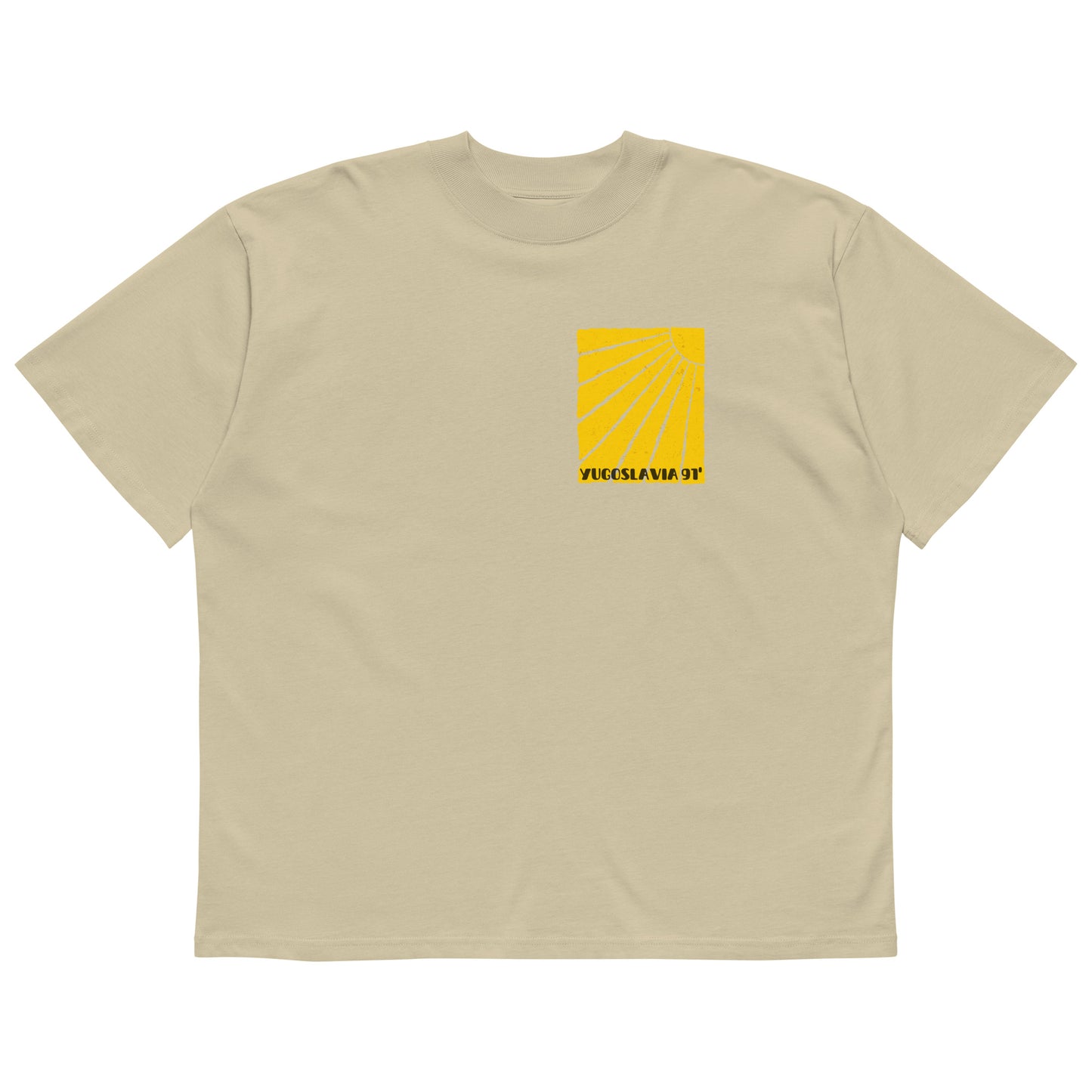 Organic oversized high neck t-shirt men - Yugoslavia 91' in stone, front view, NASHE Balkan T-shirt