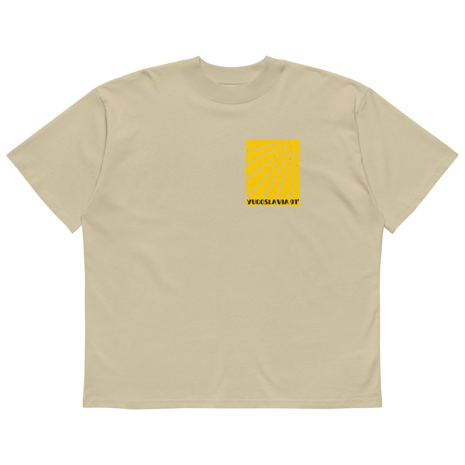 Organic oversized high neck t-shirt men - Yugoslavia 91' in stone, front view, NASHE Balkan T-shirt