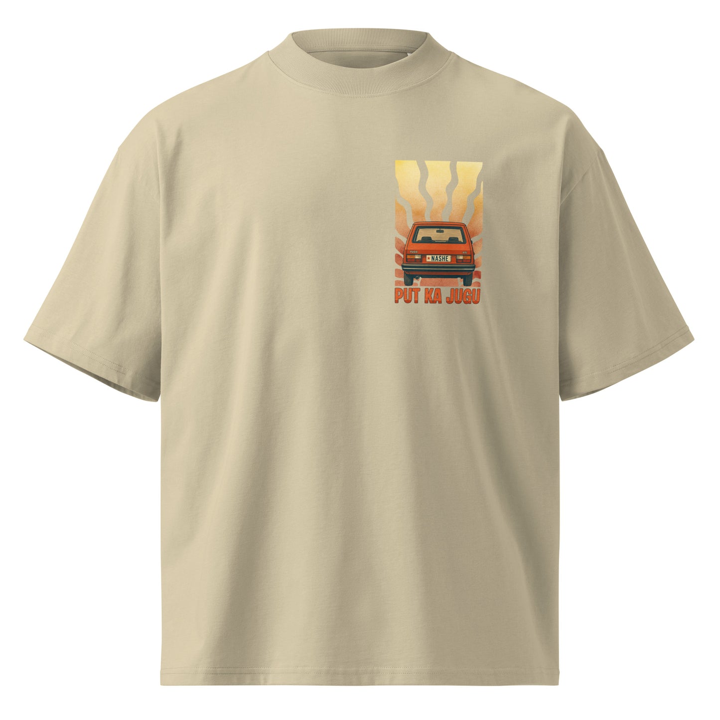 Organic oversized high neck t-shirt men - put ka jugu in stone, front view, NASHE Balkan T-shirt