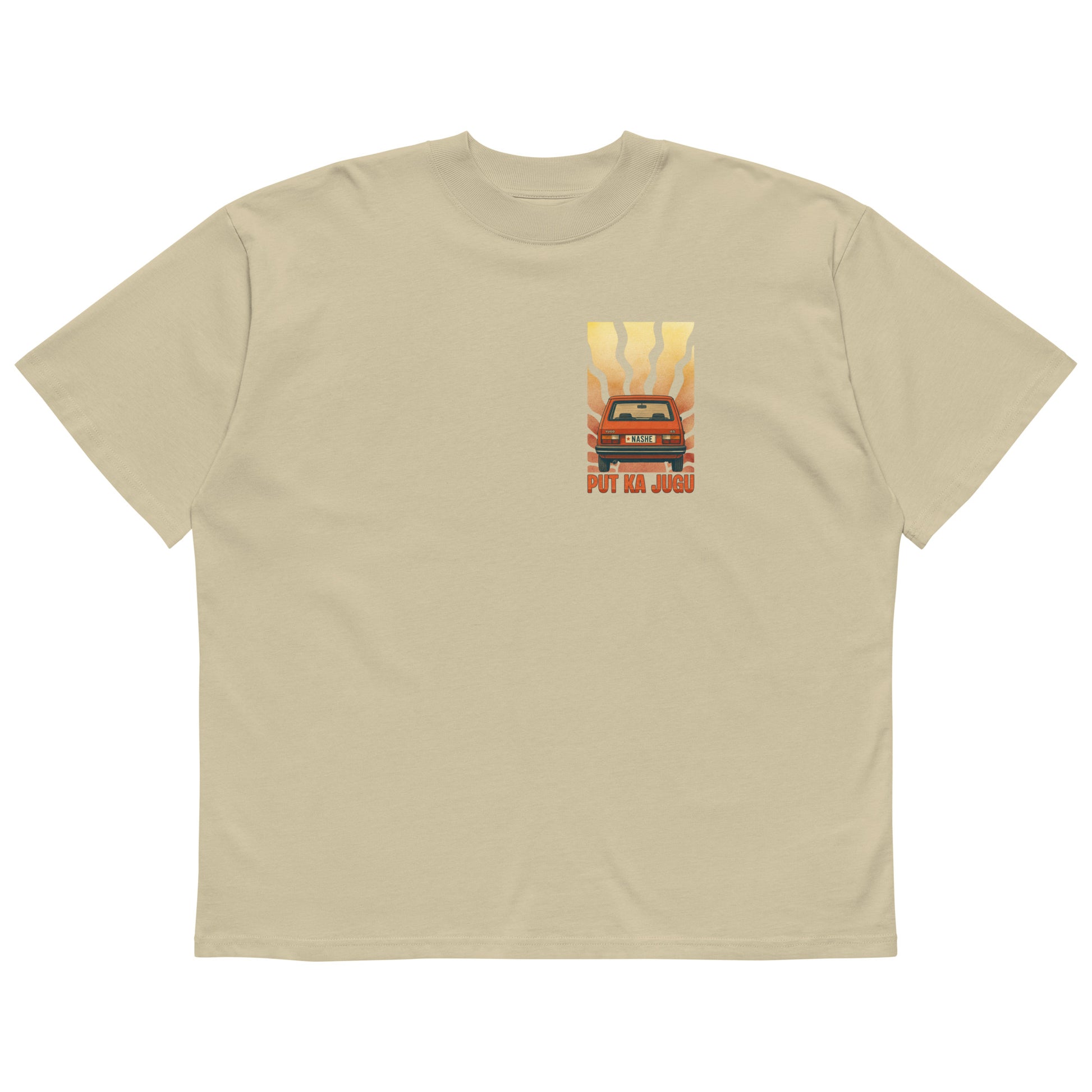 Organic oversized high neck t-shirt men - put ka jugu in stone, front view, NASHE Balkan T-shirt