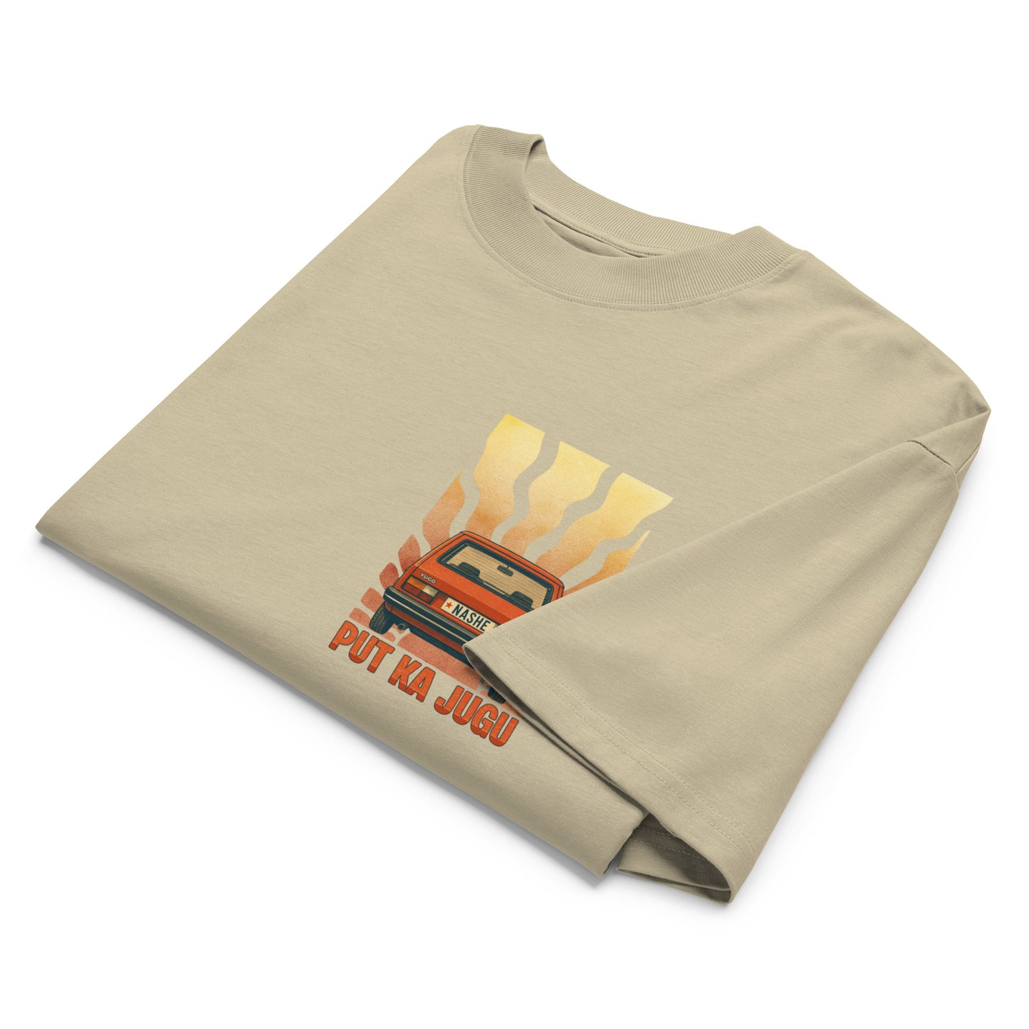 Organic oversized high neck t-shirt men - put ka jugu in stone, front view, NASHE Balkan T-shirt