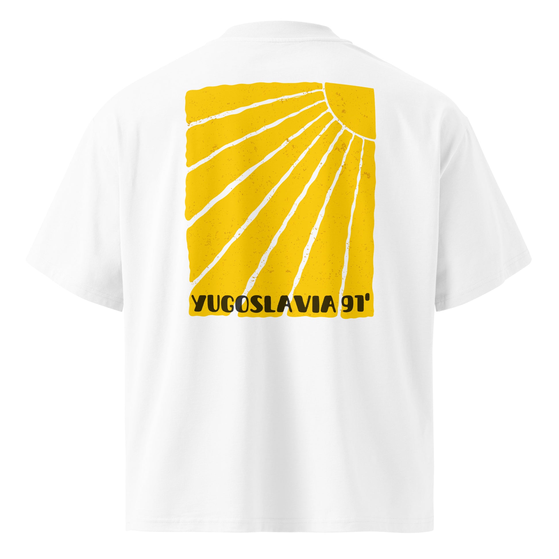 Organic oversized high neck t-shirt men - Yugoslavia 91' in white, back view, NASHE Balkan T-shirt